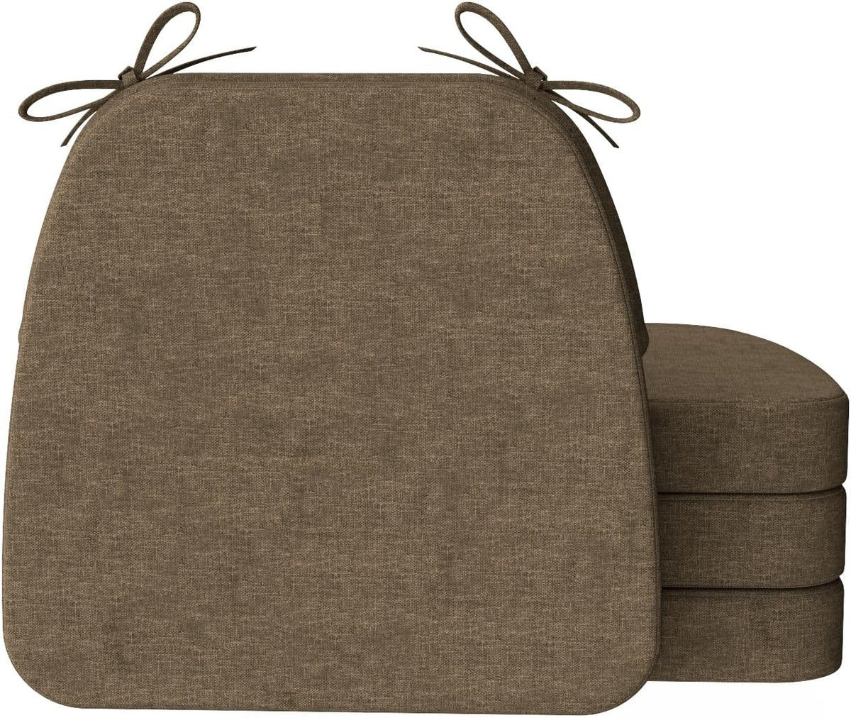 Front-facing brown D-shaped cushion with top tie loops and three matching cushions stacked behind it