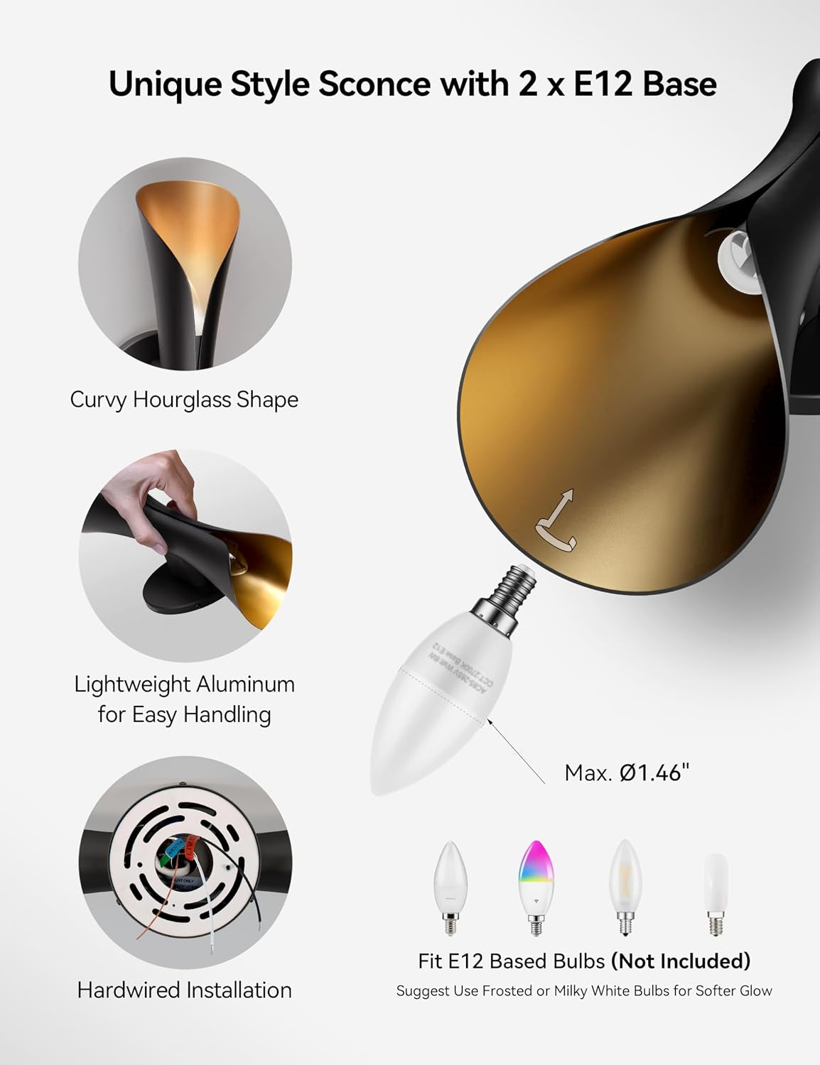 Diagram showing sconce components, E12 bulb compatibility, and hardwired installation details.