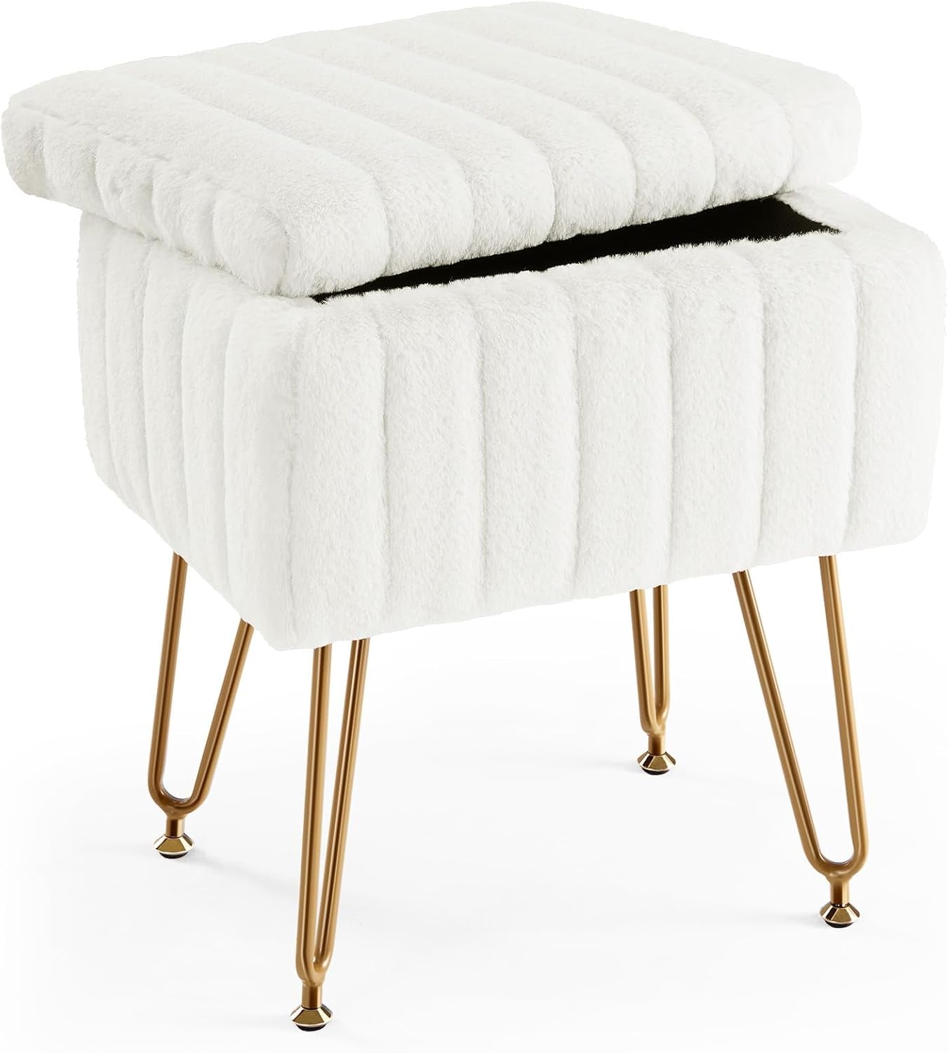 Side view of white faux-fur storage stool with lifted lid and gold hairpin legs