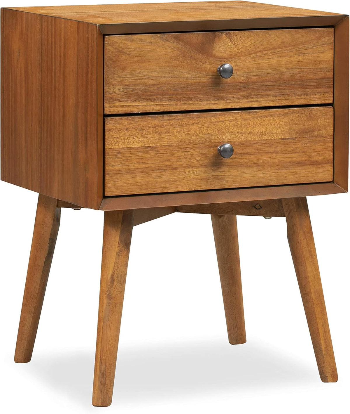 Warm acacia-finish two-drawer nightstand angled front view showing tapered rubberwood legs