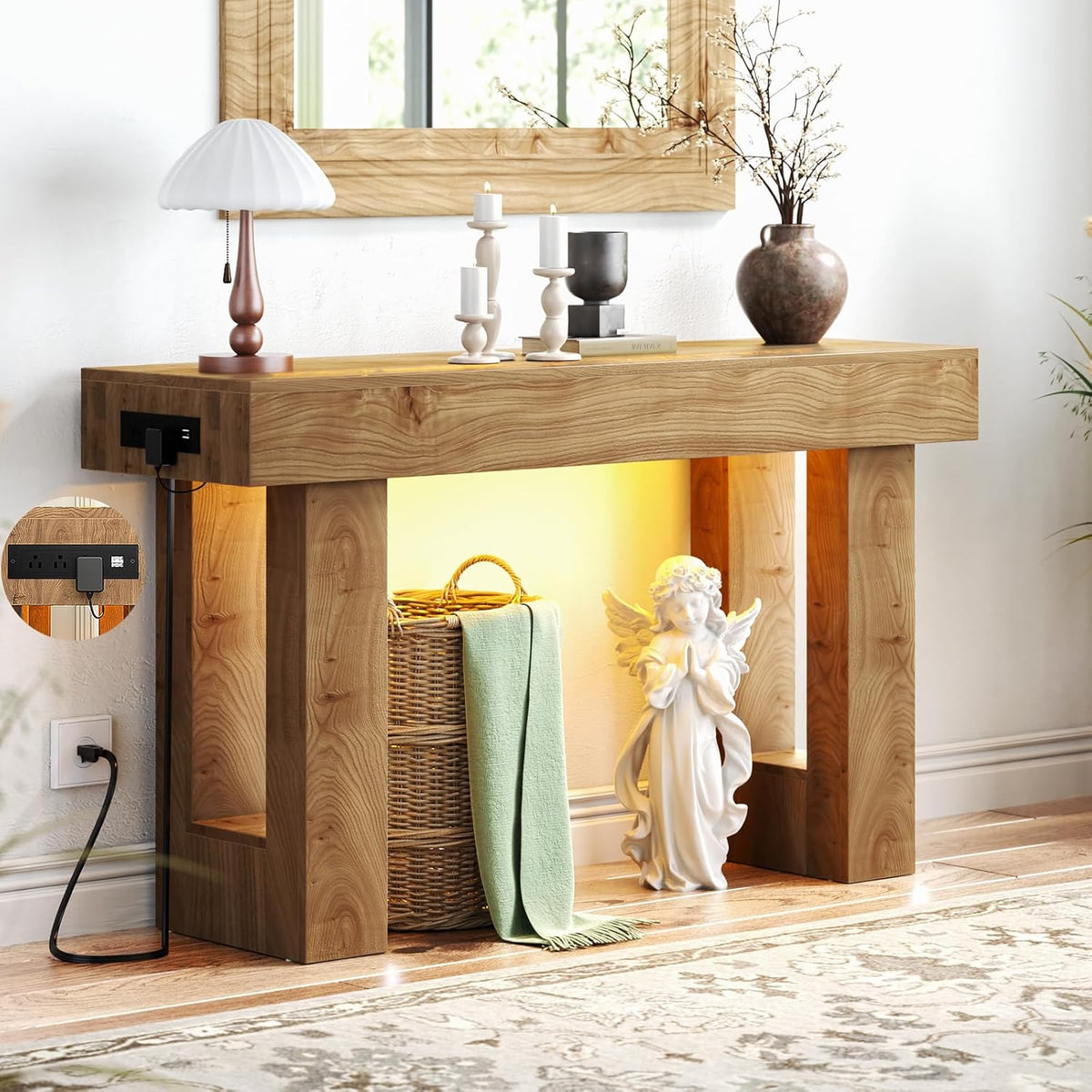 Natural oak console table front view with decorative objects and visible side charging module and basket below