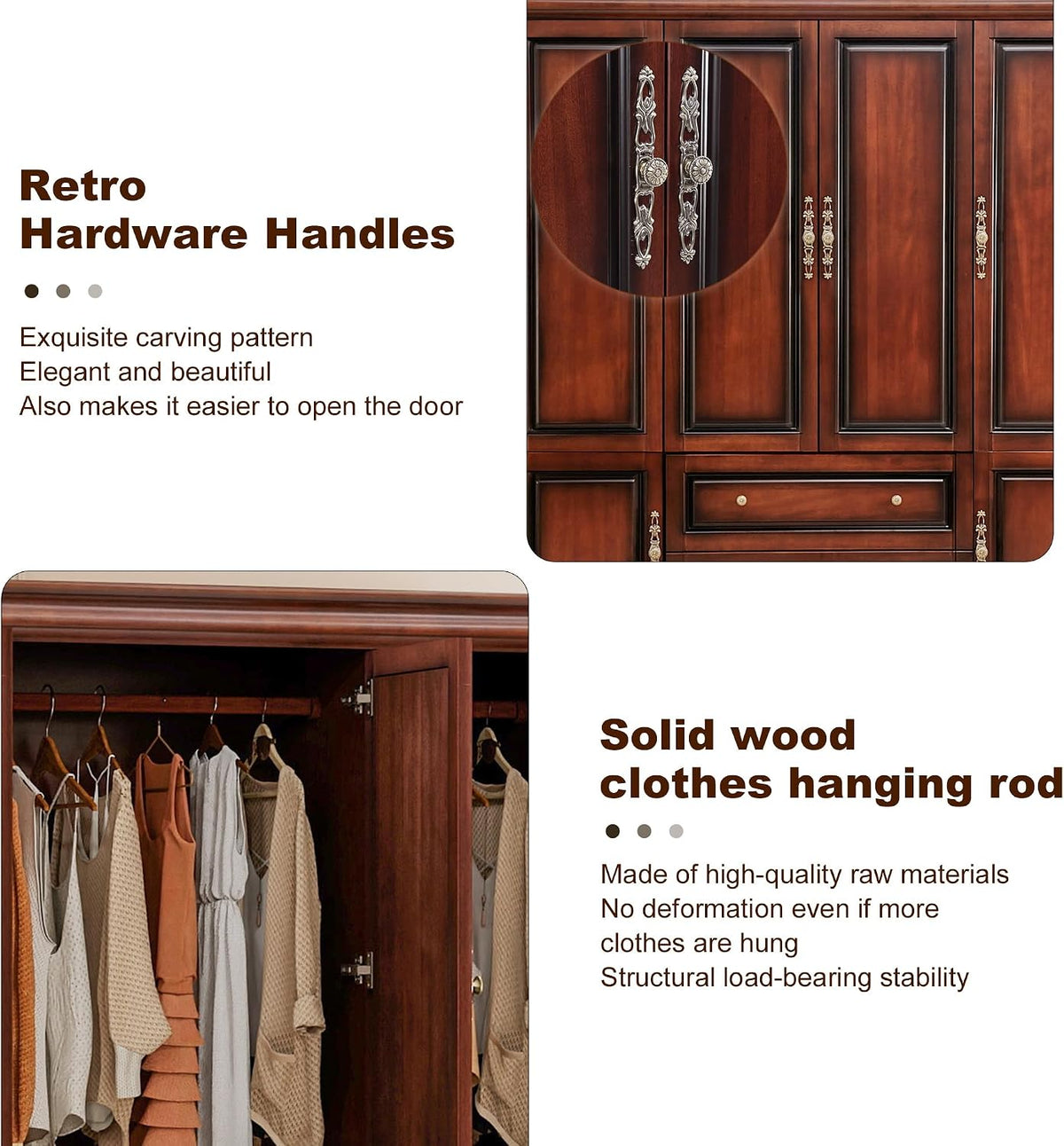 Close-up of ornate metal door handles and a solid wood hanging rod on the cherry finish wardrobe