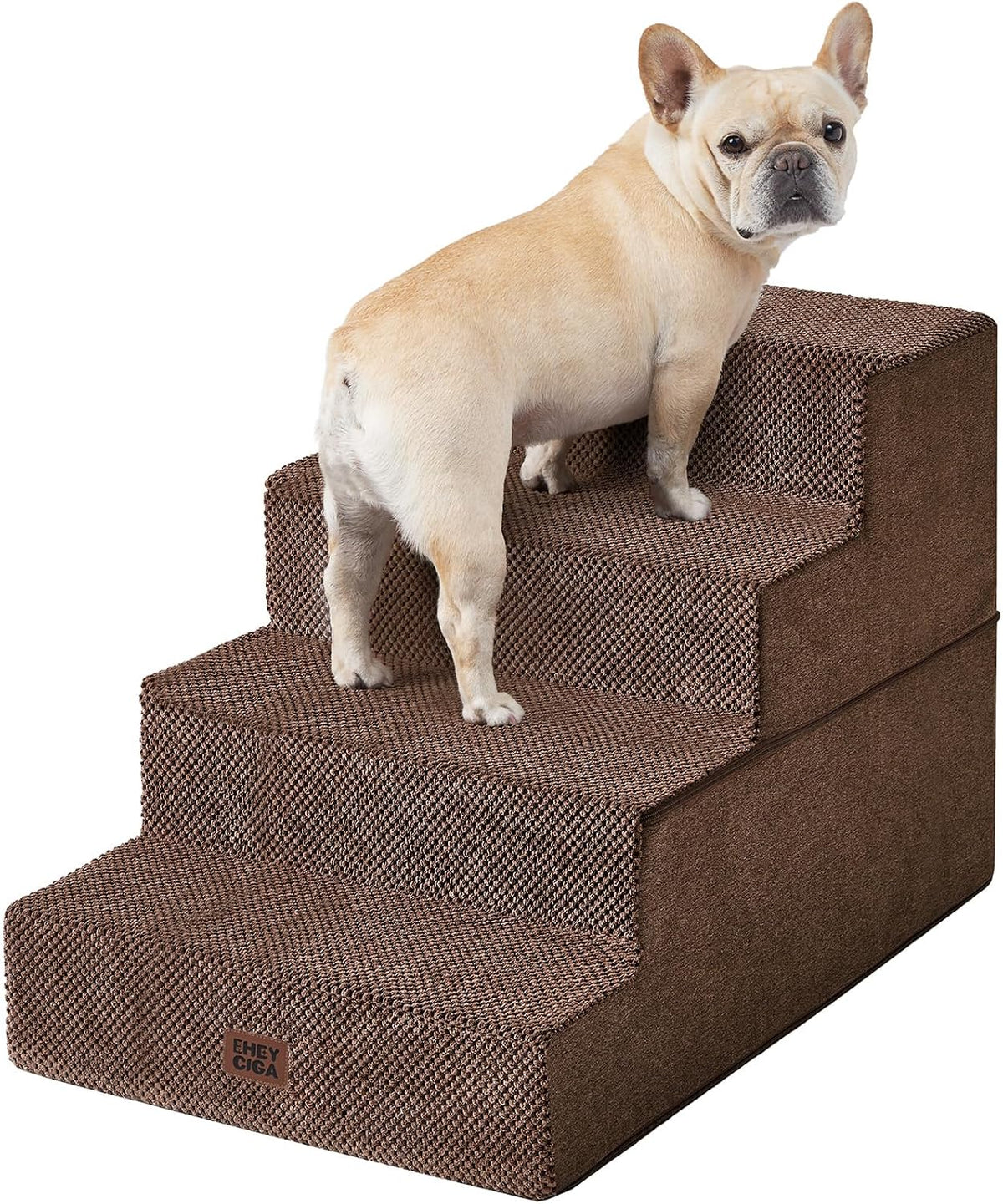 Brown four-step pet stairs shown from the side with a small white French bulldog looking toward the camera