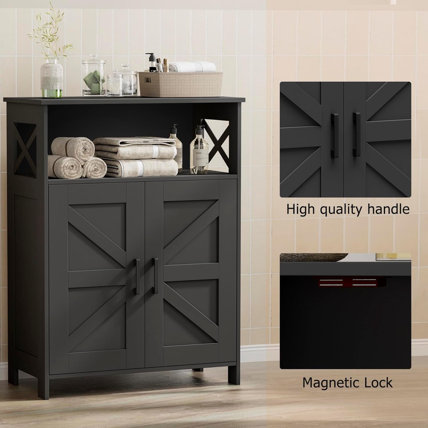 Black farmhouse cabinet staged in a room with callouts highlighting the metal handles and magnetic door closure