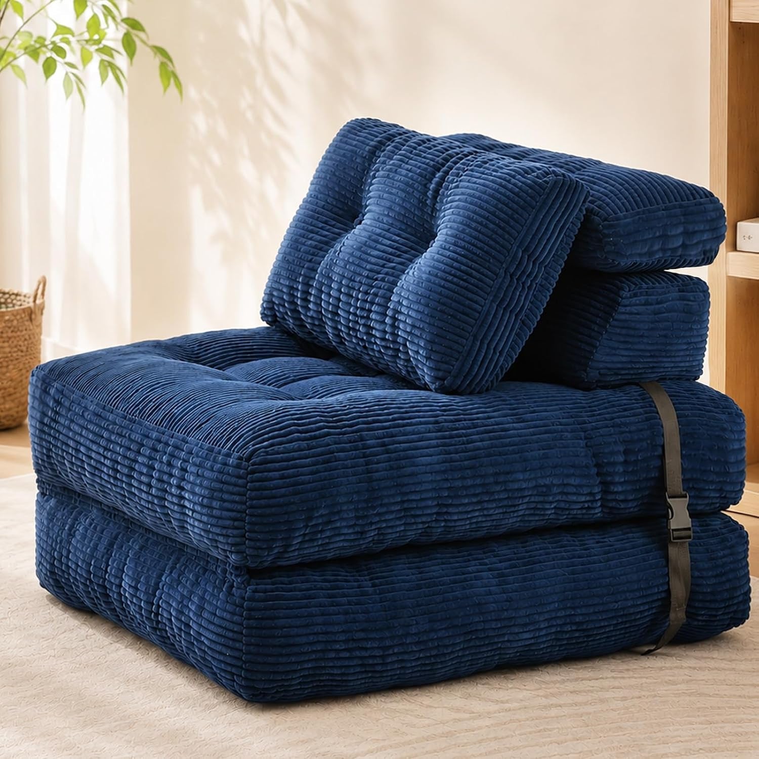 Stacked folding corduroy floor chair in deep navy blue with tufted pillow and visible black buckle strap.