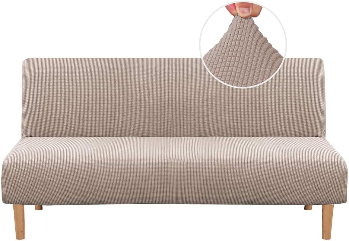 Front view of a beige small-check textured slipcover fitted on an armless futon with wooden legs.