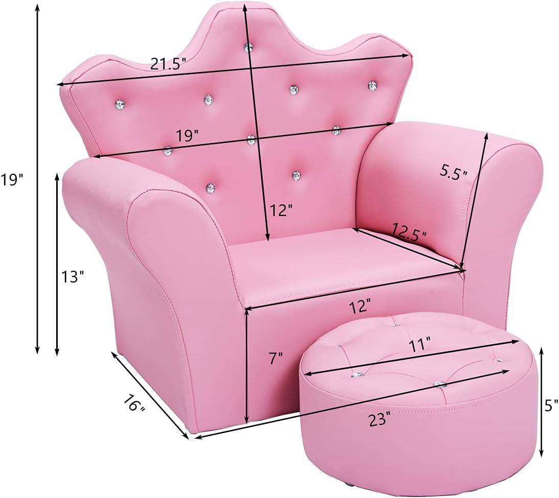 Pink toddler chair and round ottoman shown with measurement arrows overlaid