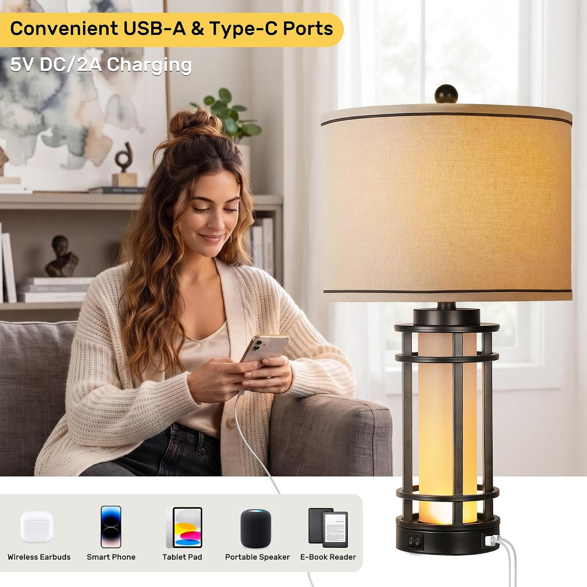 Living room scene with a woman using a smartphone while the lamp charges a device via the lamp's USB port on a side table
