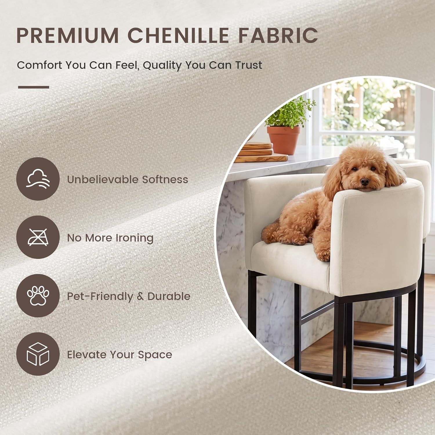 Close-up of off-white chenille fabric texture with inset showing a small dog resting on the wrapped seat