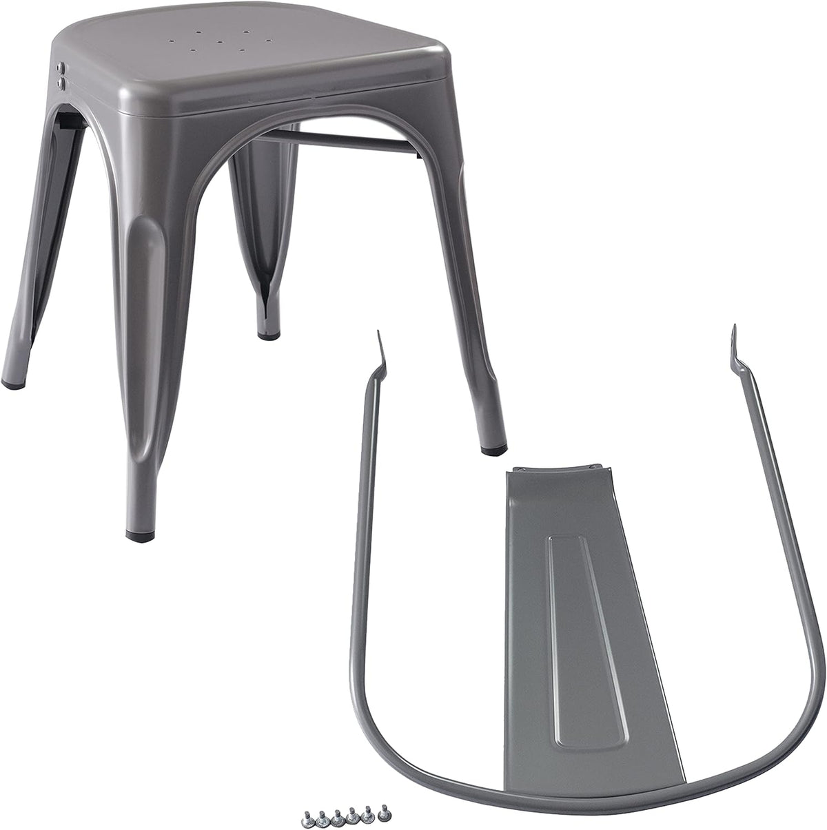 Disassembled chair parts laid out: seat frame, backrest, two legs, and screws on a white background.