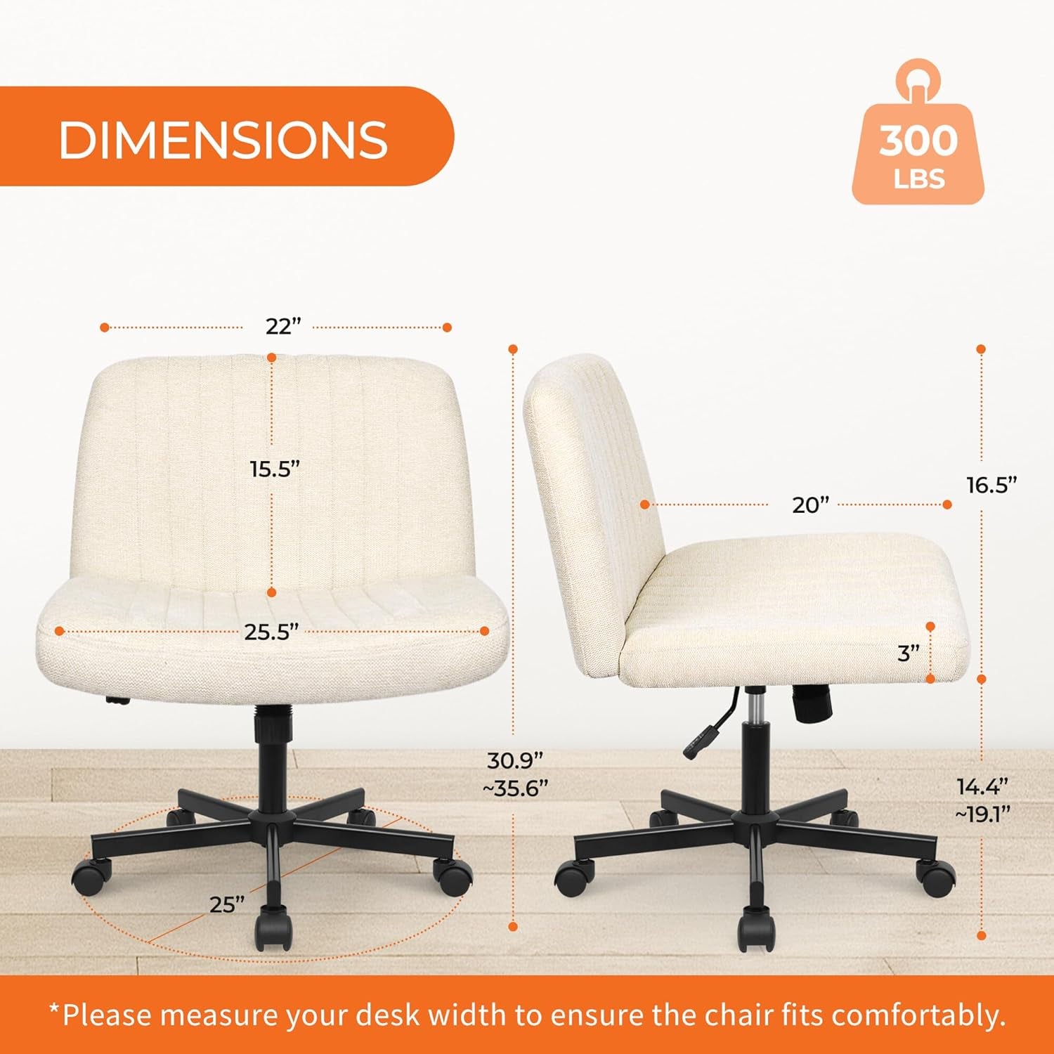 Front and side product dimensions graphic for a beige armless swivel chair indicating seat and overall measurements and 300lb