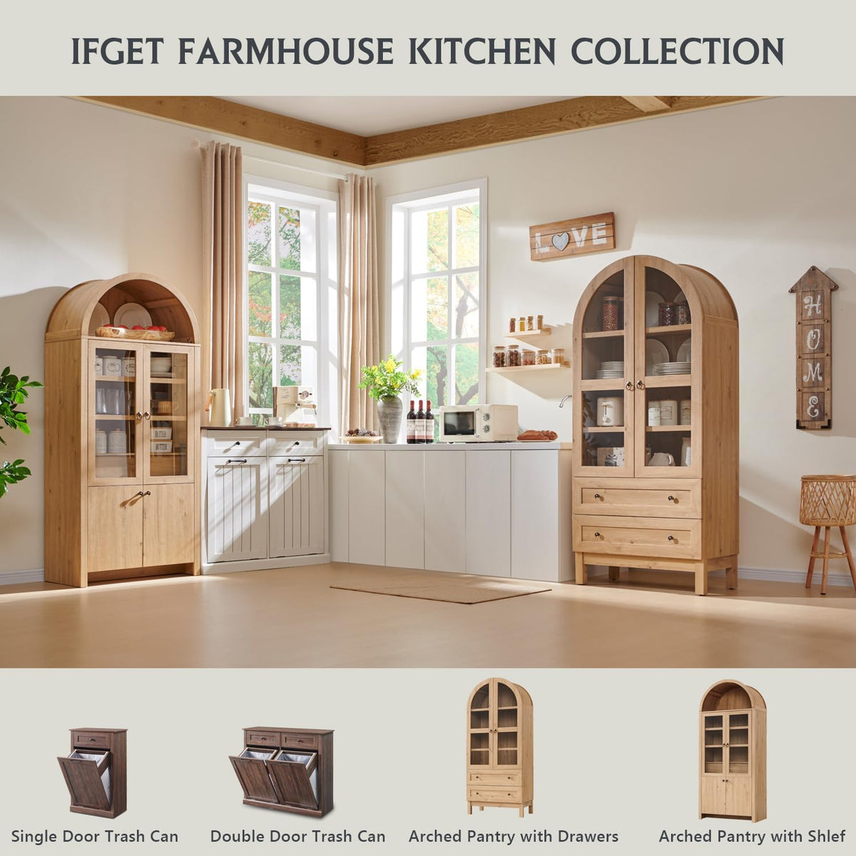 Wide farmhouse kitchen scene showing two arched pantry cabinets in natural wood finish beside cabinetry