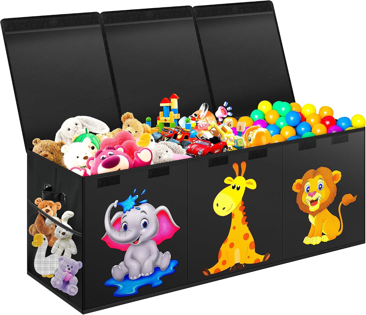 Three-compartment black toy chest with open lids showing stuffed animals, toy cars and colorful balls; cartoon elephant