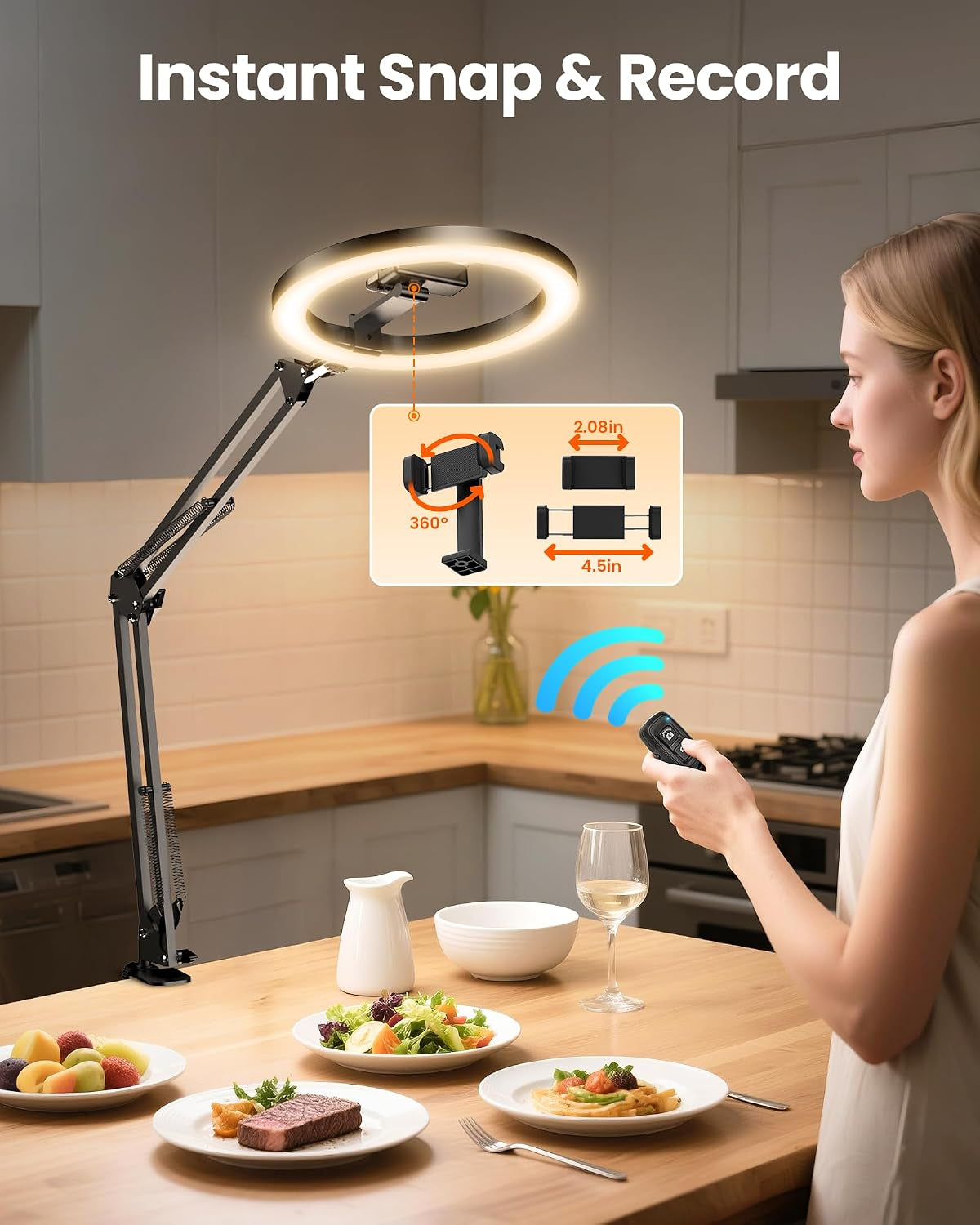 Graphic of color temperature range 3000K–6500K and a 10–100% dimming scale with the ring light over food