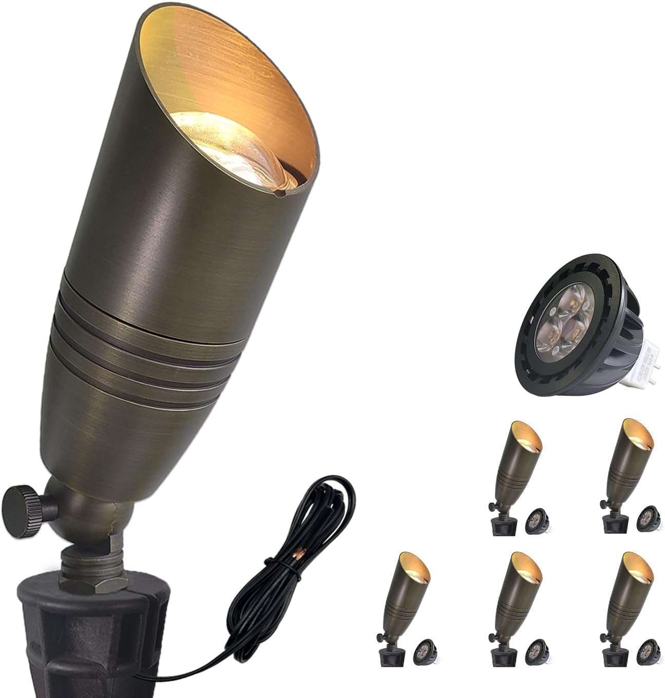 Bronze spotlight tilted upward with cord, MR16 bulb and five smaller product thumbnails at right.