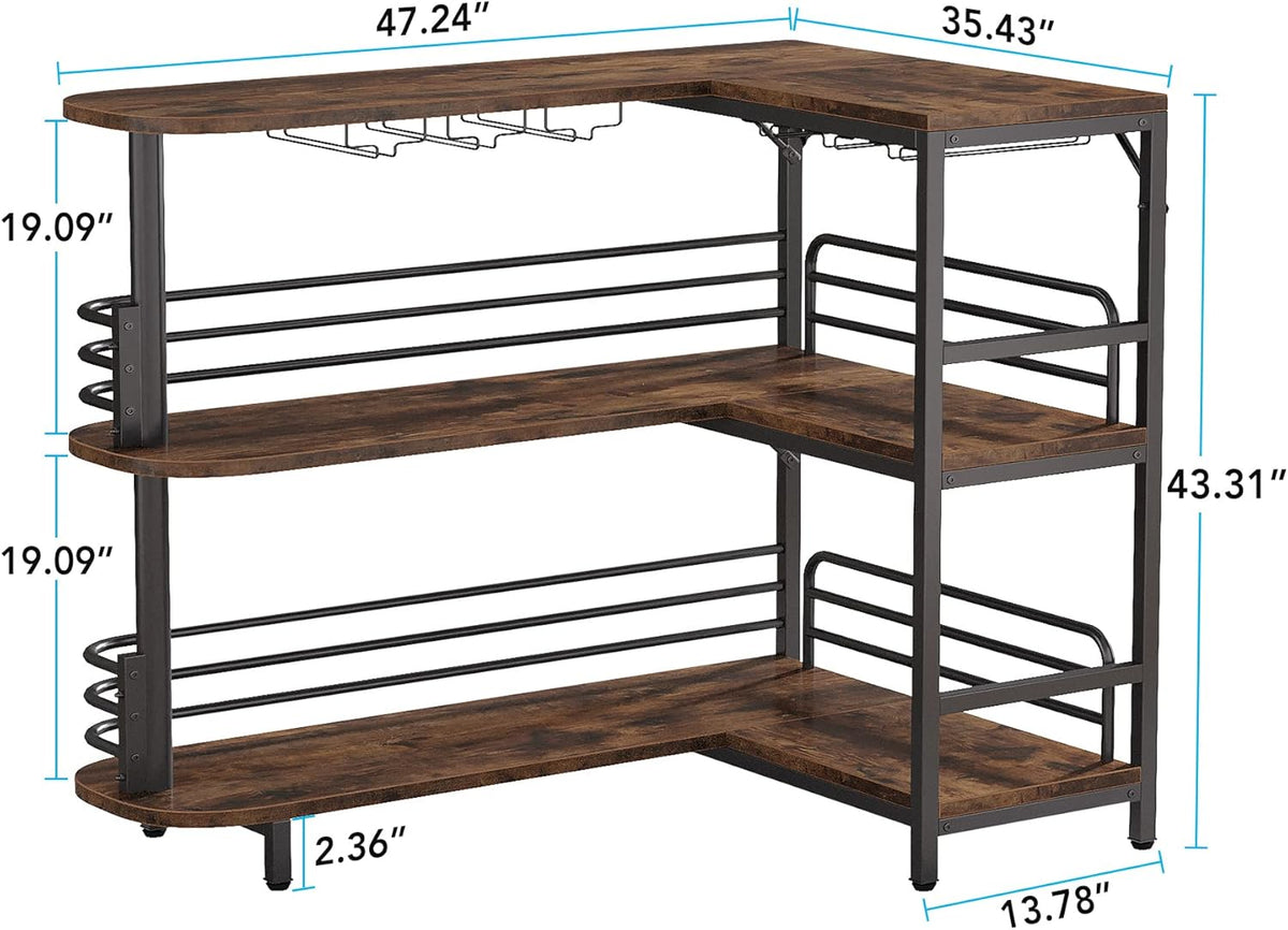Illustration of L-shaped bar with dimensional callouts showing three-tier shelving and footprint measurements