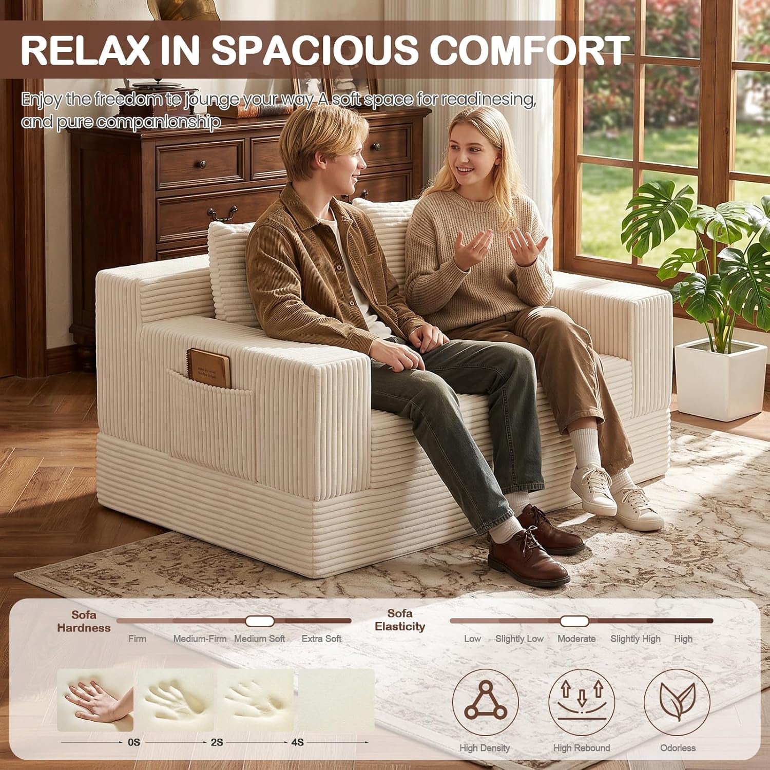 Boneless Loveseat Couch Folding Sofa Bed, Foldable Floor Futon Sleeper Couch Bed - Convertible Sofa Bed, Corduroy Pull Out Sofa Bed with 2 Pillows for Living Room & Bedroom
