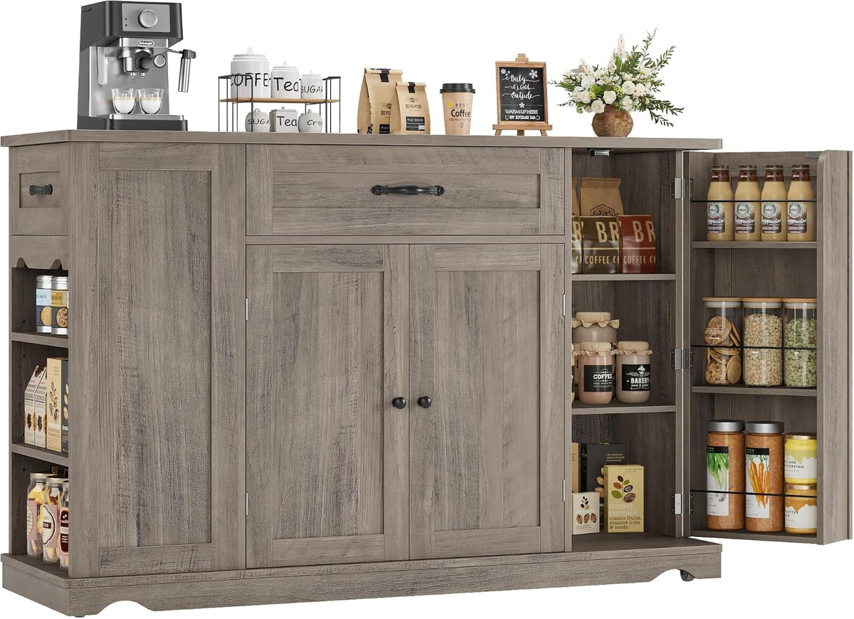 Front-facing weathered gray island showing textured wood grain, black hardware and an open right door with stacked pantry