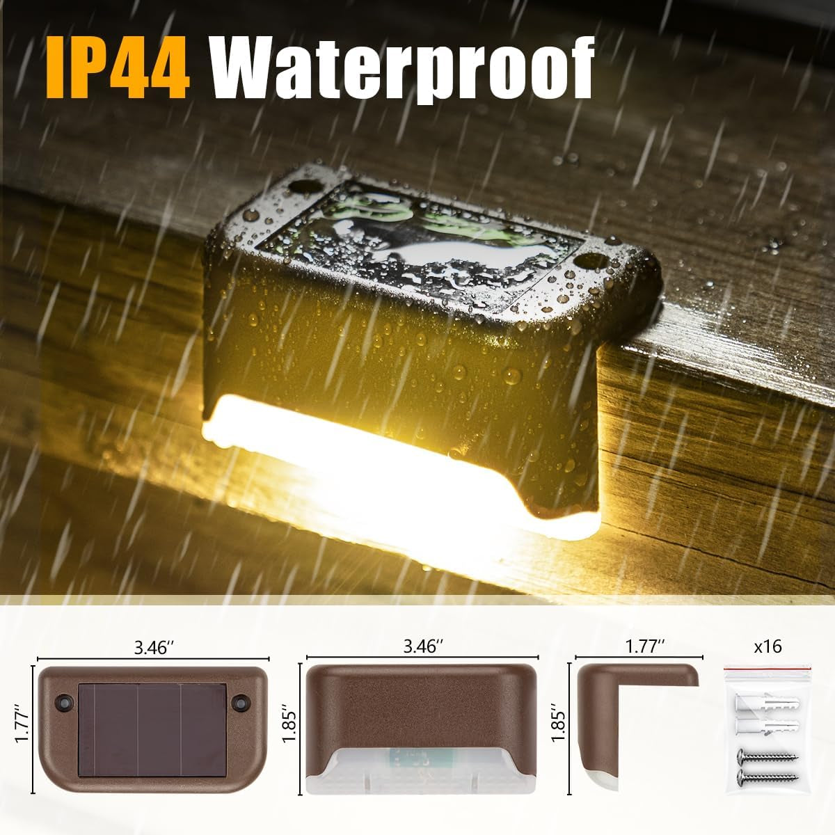 Single brown solar light illuminated in rain with measurement diagrams and mounting hardware shown below.