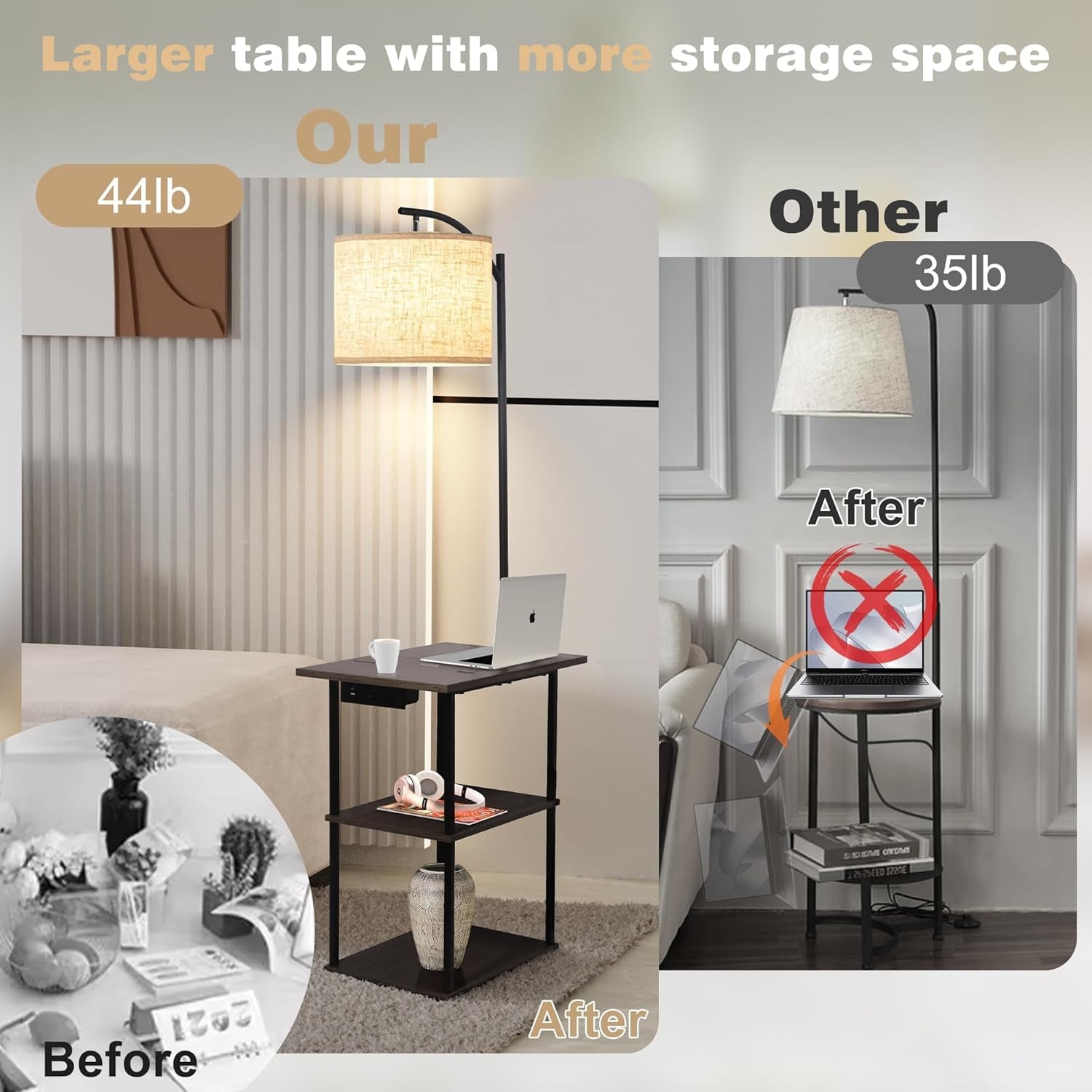 Marketing image comparing larger three-shelf table with lamp to a smaller alternative, shown in a living-room setting