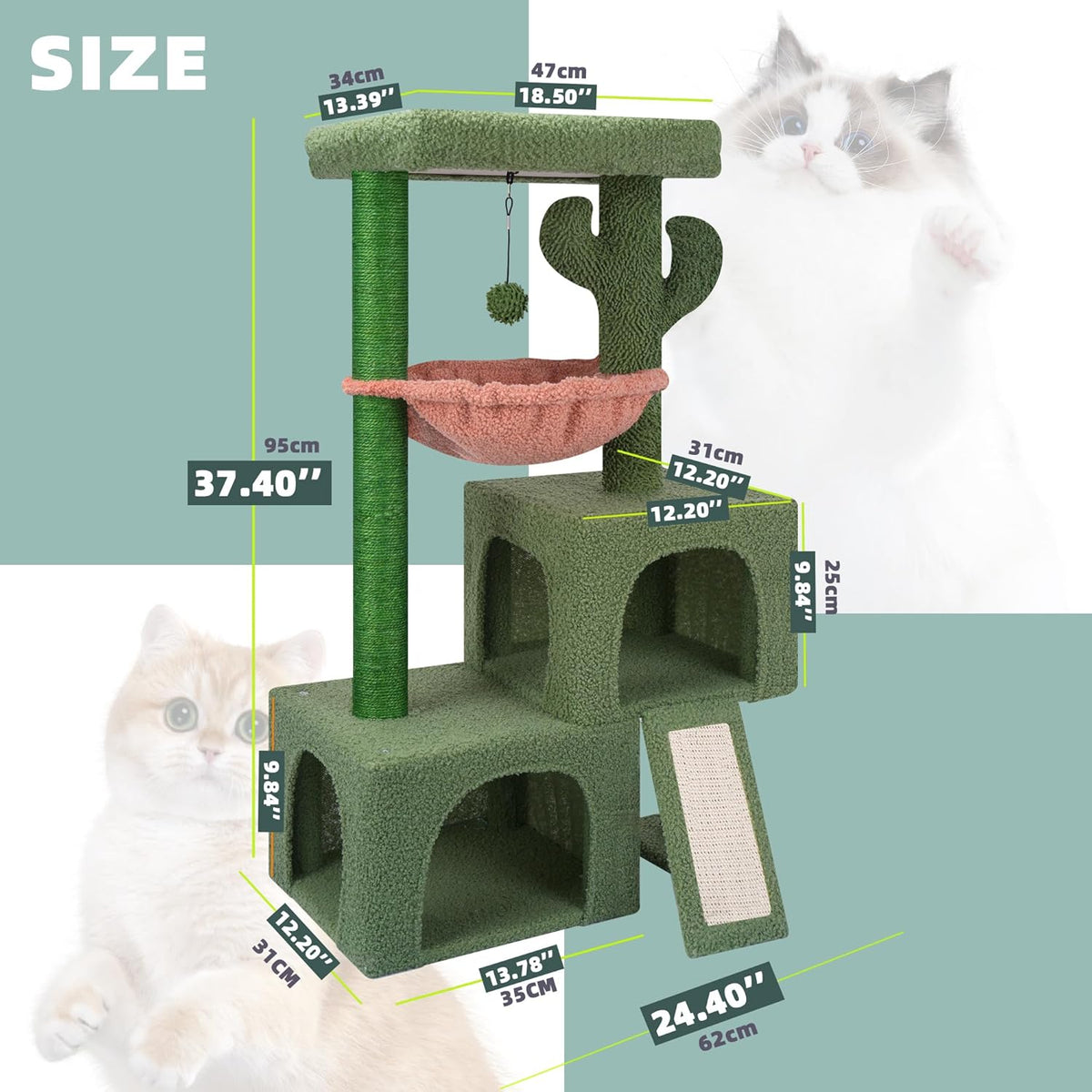 Size diagram of the cat tree with labeled measurements and overall layout illustration