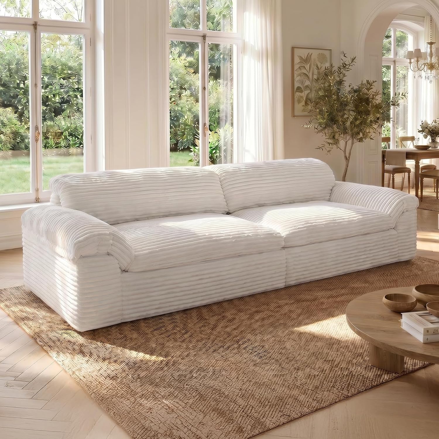 118" Cloud Boneless Couch, 3 Seater Corduroy Sofa, Beige | Modular Sectional Sofa, High-Density Foam, No Assembly Required, Curved Armrest, Apartment, Bedroom, Deep Seat, Pet-Friendly