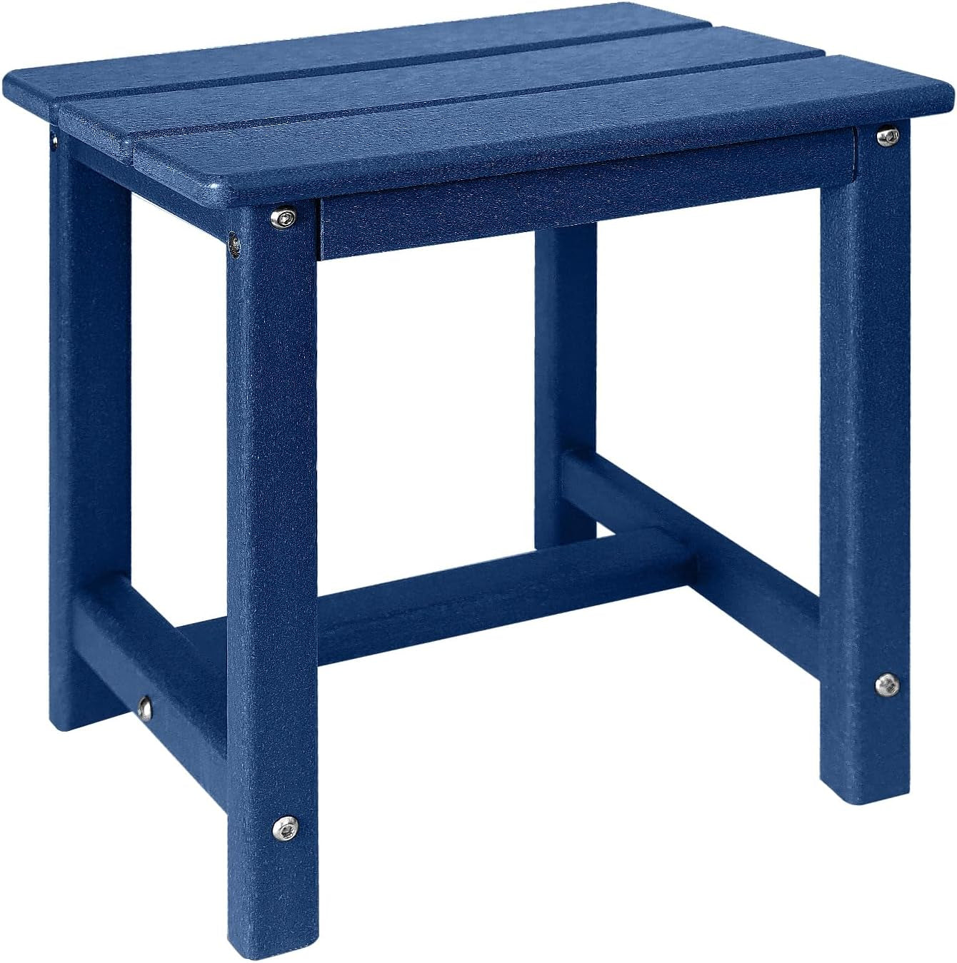 Blue two-tier rectangular side table shown at an angle on white background