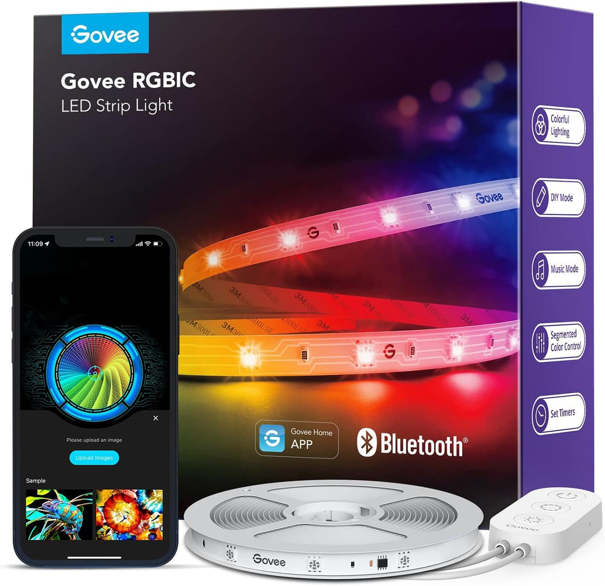 Retail-style box and smartphone showing a color wheel with a coiled white RGBIC LED strip and controller