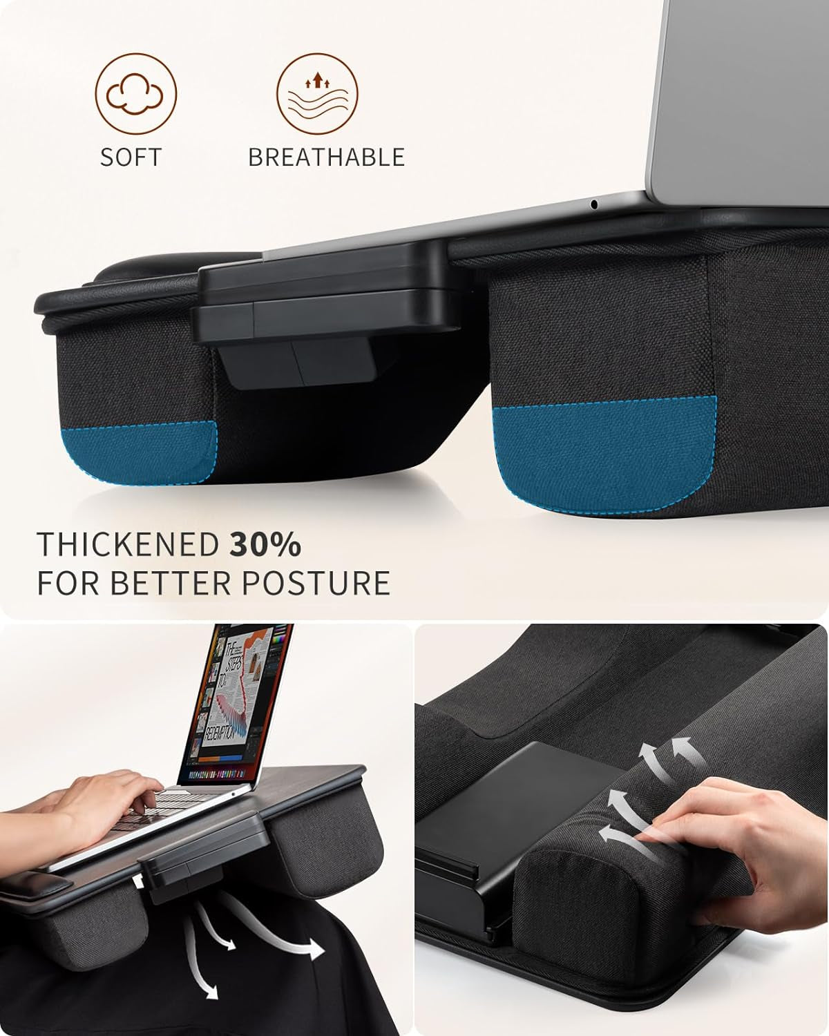 Side and close-up shots showing the thickened cushioned base, fabric texture and airflow illustration underneath
