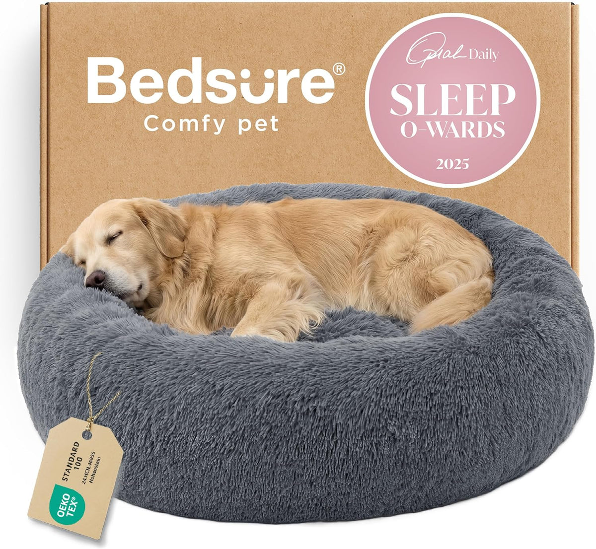 Gray round faux-fur donut bed with a sleeping golden retriever stretched inside.