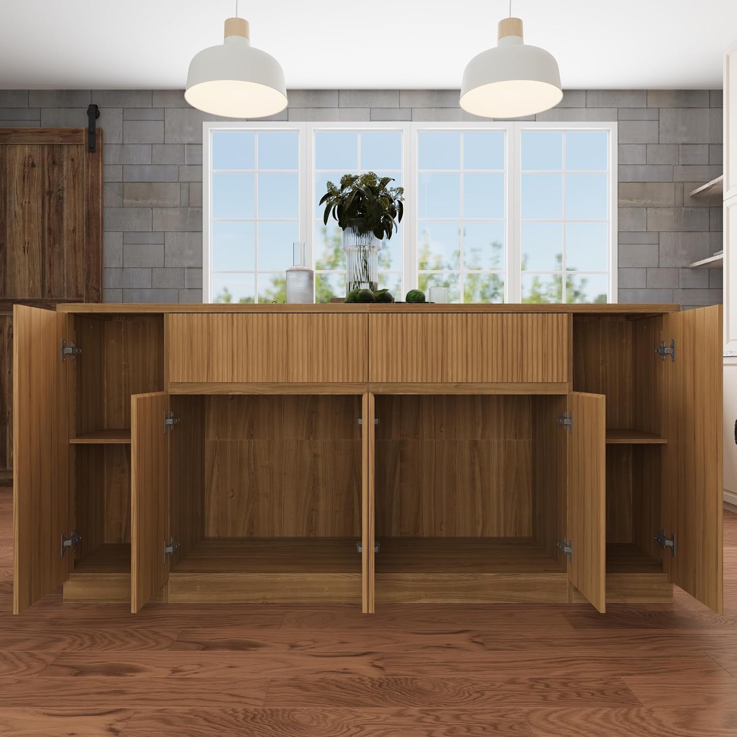 Front view with cabinet doors open revealing two large interior compartments and side shelving