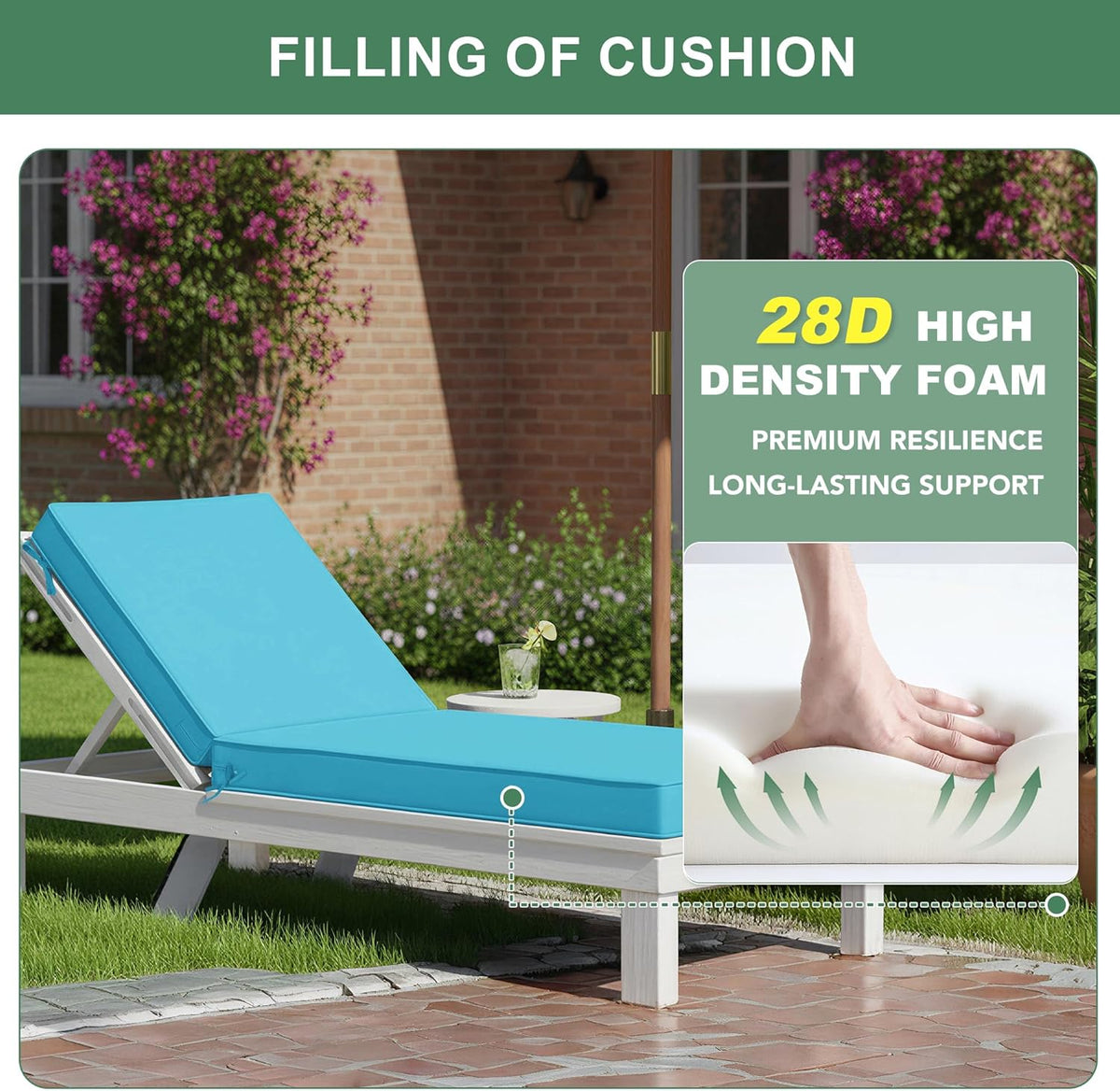 Outdoor chaise cushion on lawn with inset showing 28D high-density foam and hand pressing foam