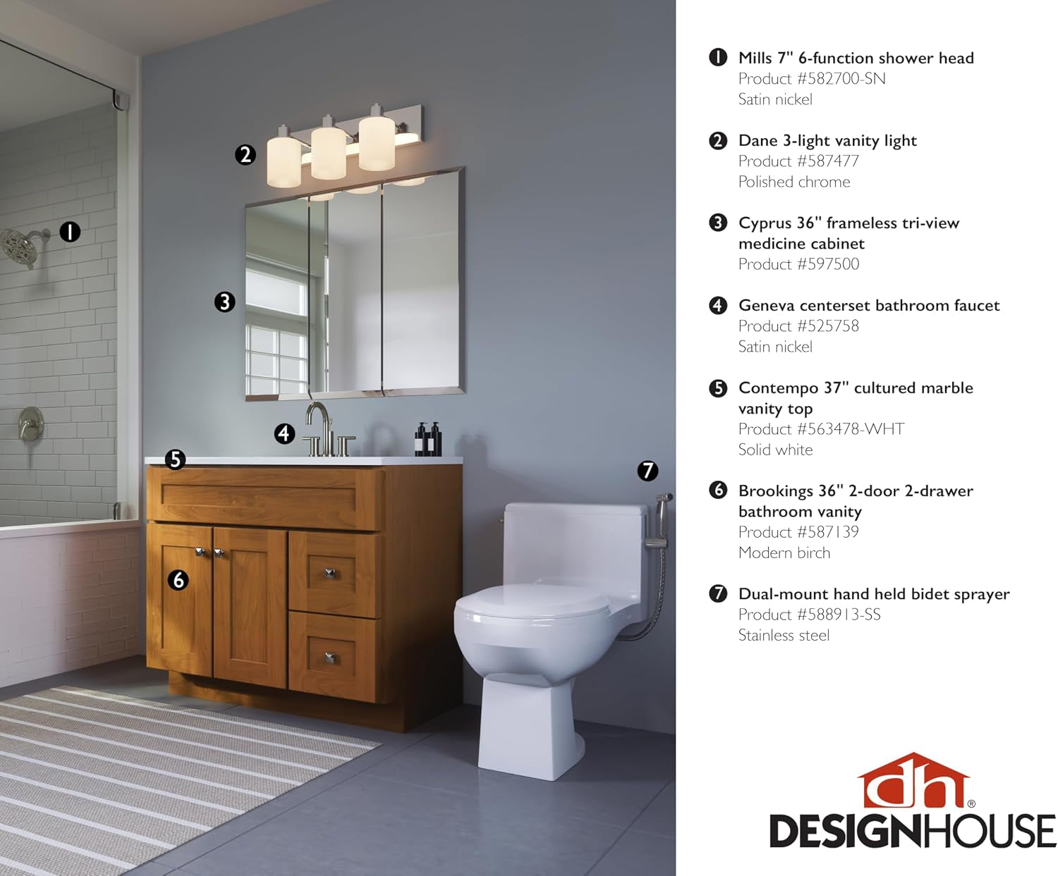 Staged bathroom with tri-view mirrored cabinet above a wood vanity next to a toilet and shower