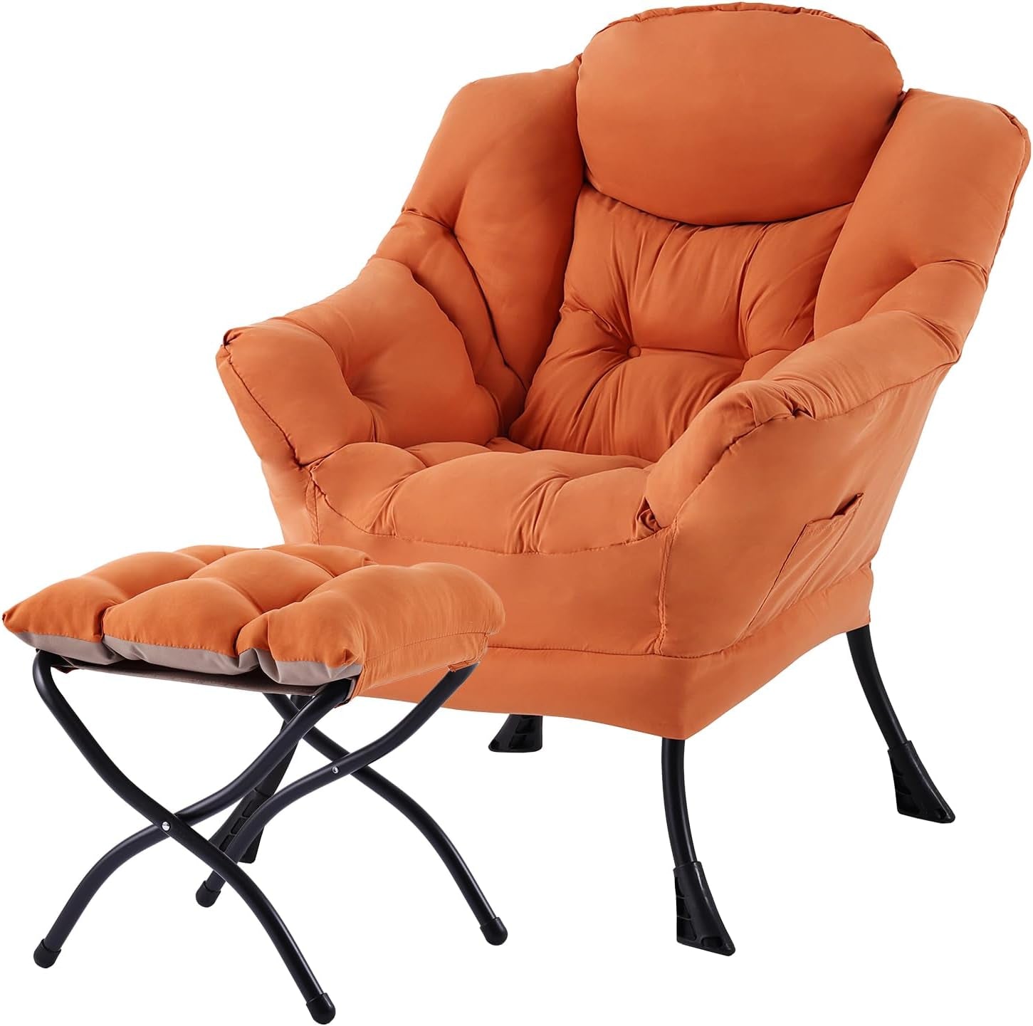 Bright orange upholstered lounge chair paired with a tufted ottoman and black curved metal legs.
