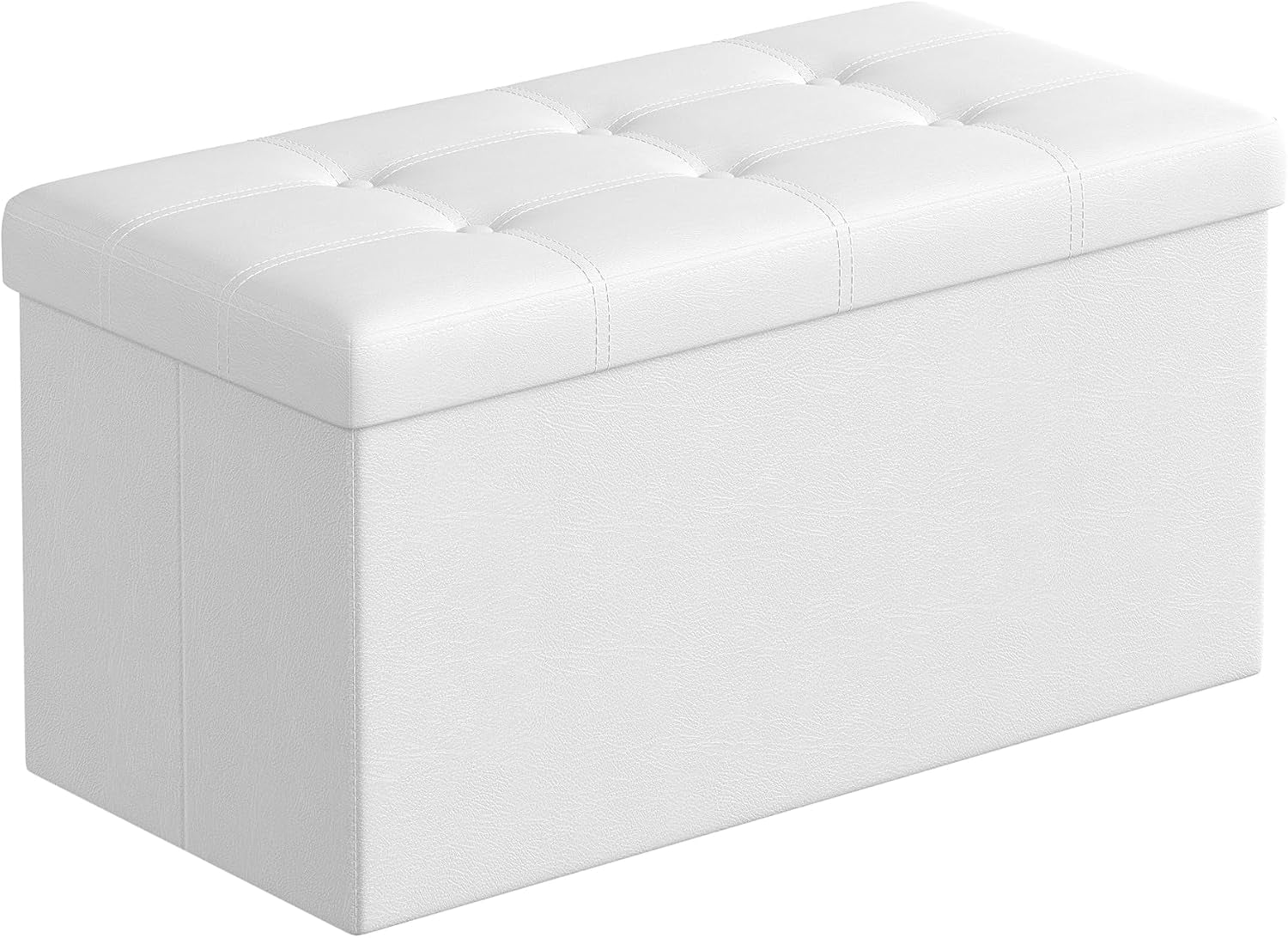 White tufted faux-leather rectangular storage ottoman bench shown at an angle on a white background.