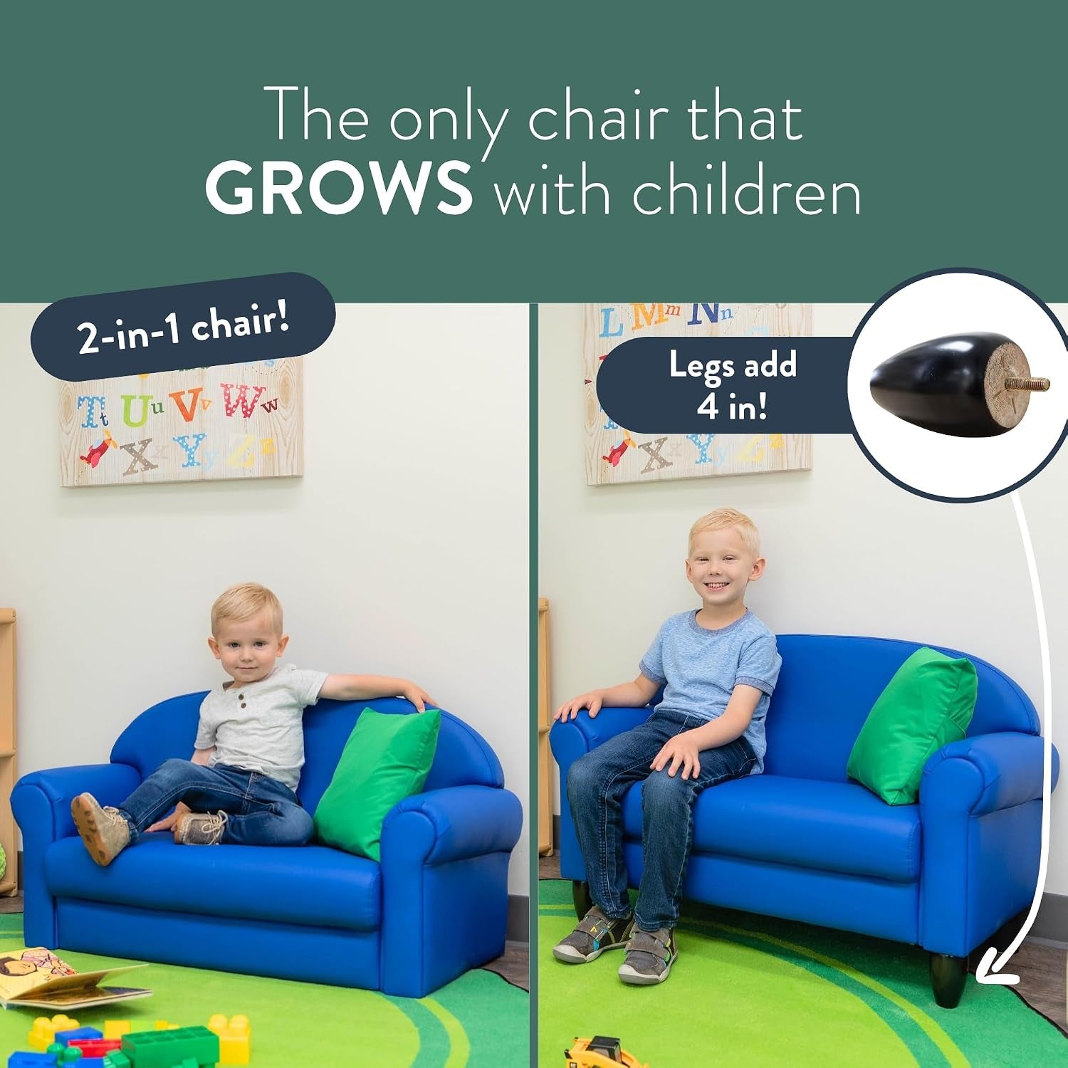 Split scene showing a younger child on the low sofa and an older child on the raised sofa with added legs.