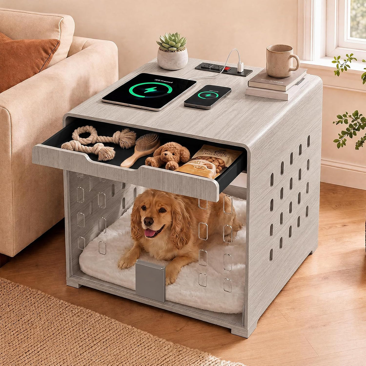 Side/front view of a gray wooden end-table dog crate with an open drawer and a small dog lying inside.