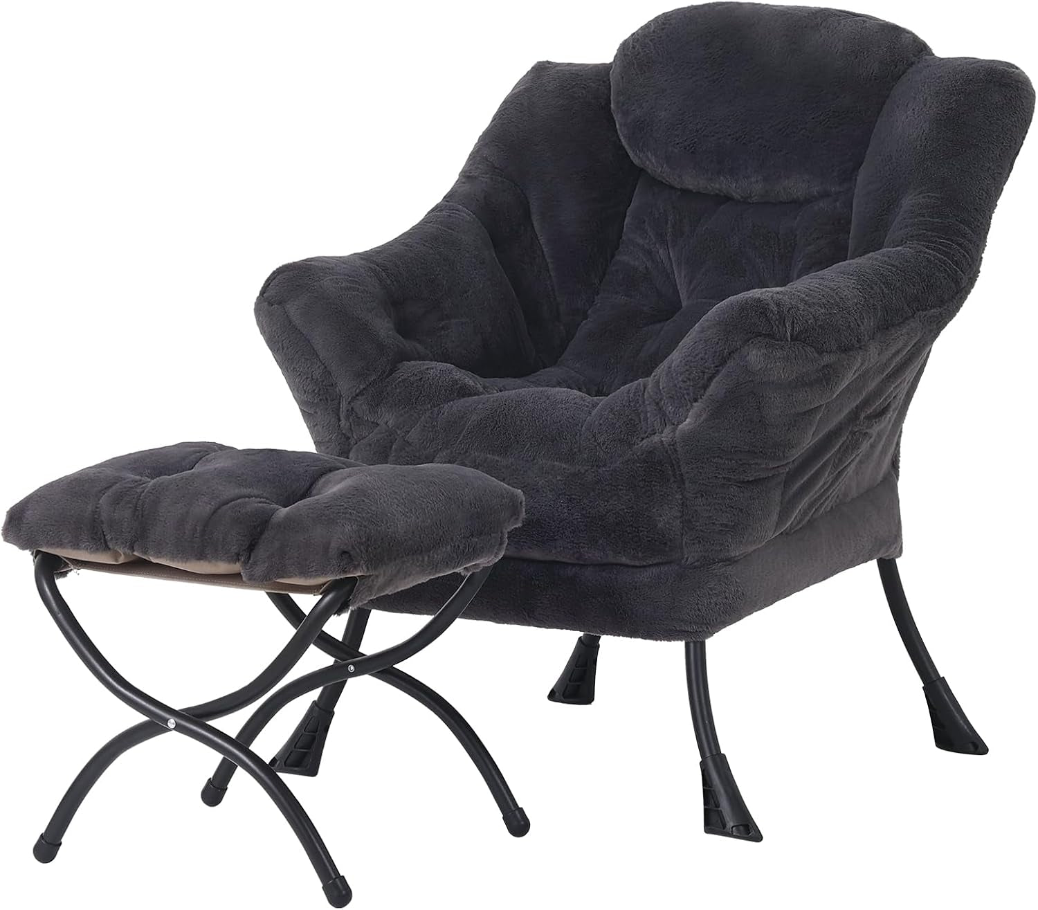 Dark grey plush lounge chair with tufted matching ottoman on black curved metal legs, isolated on white.