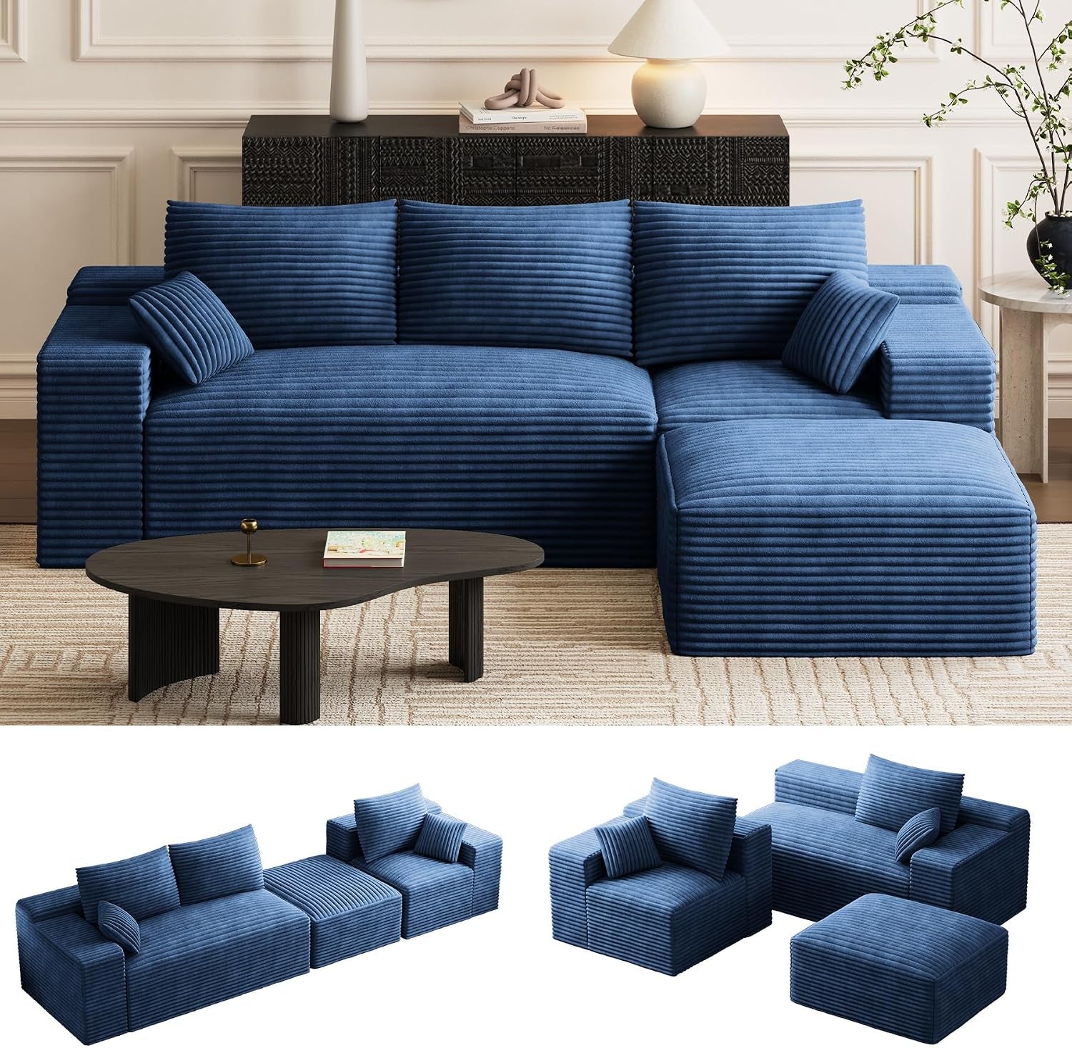 Blue L-shaped modular sectional with chaise shown front-on, plus small thumbnails showing alternate module layouts.