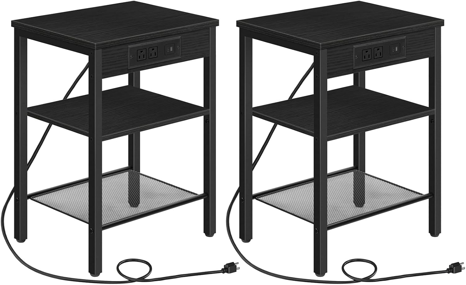 All-black side table with two shelves, mesh bottom shelf and front power outlet panel, shown twice