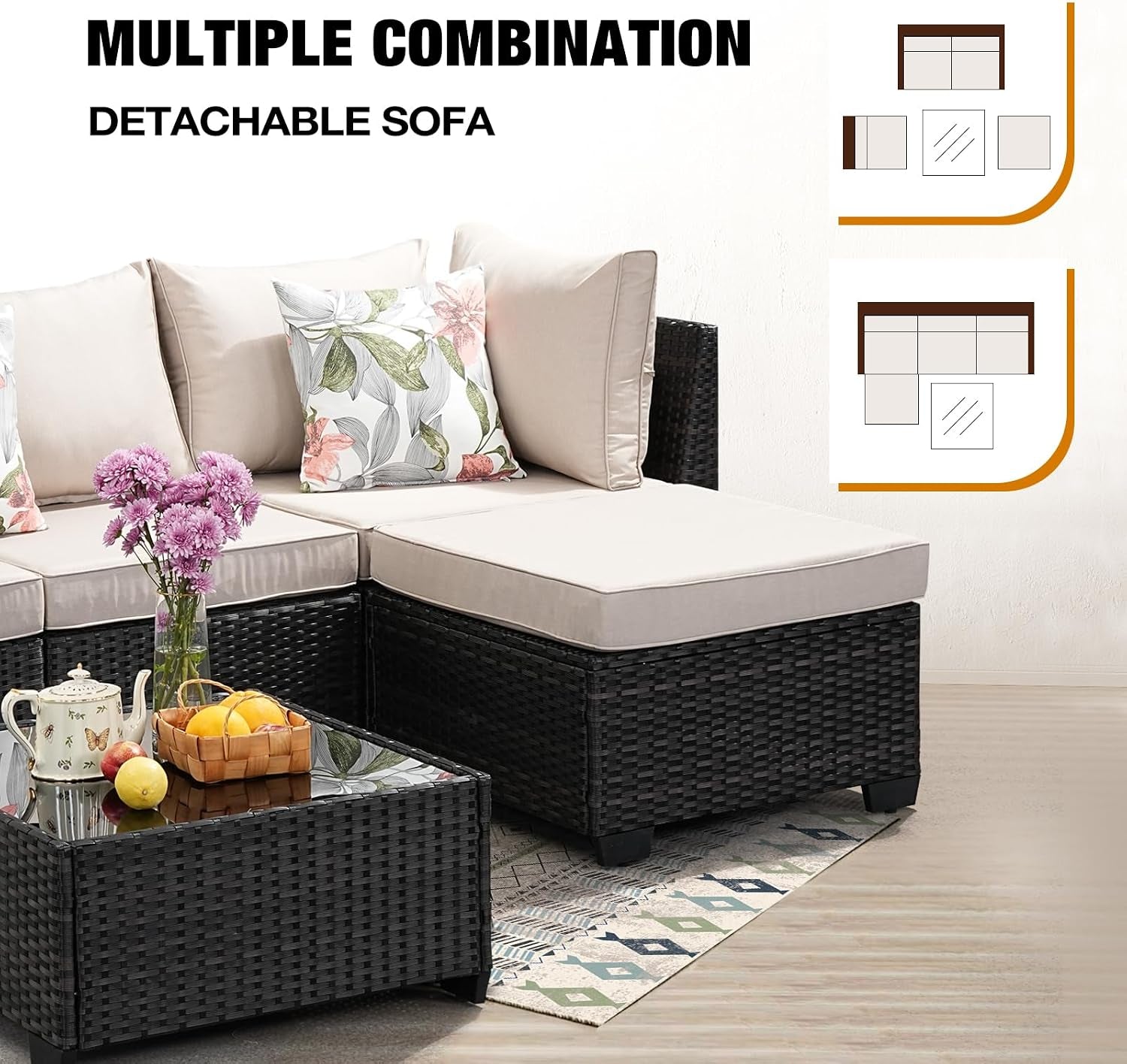 Close-up of beige cushioned corner sectional and woven glass-top coffee table on rug.