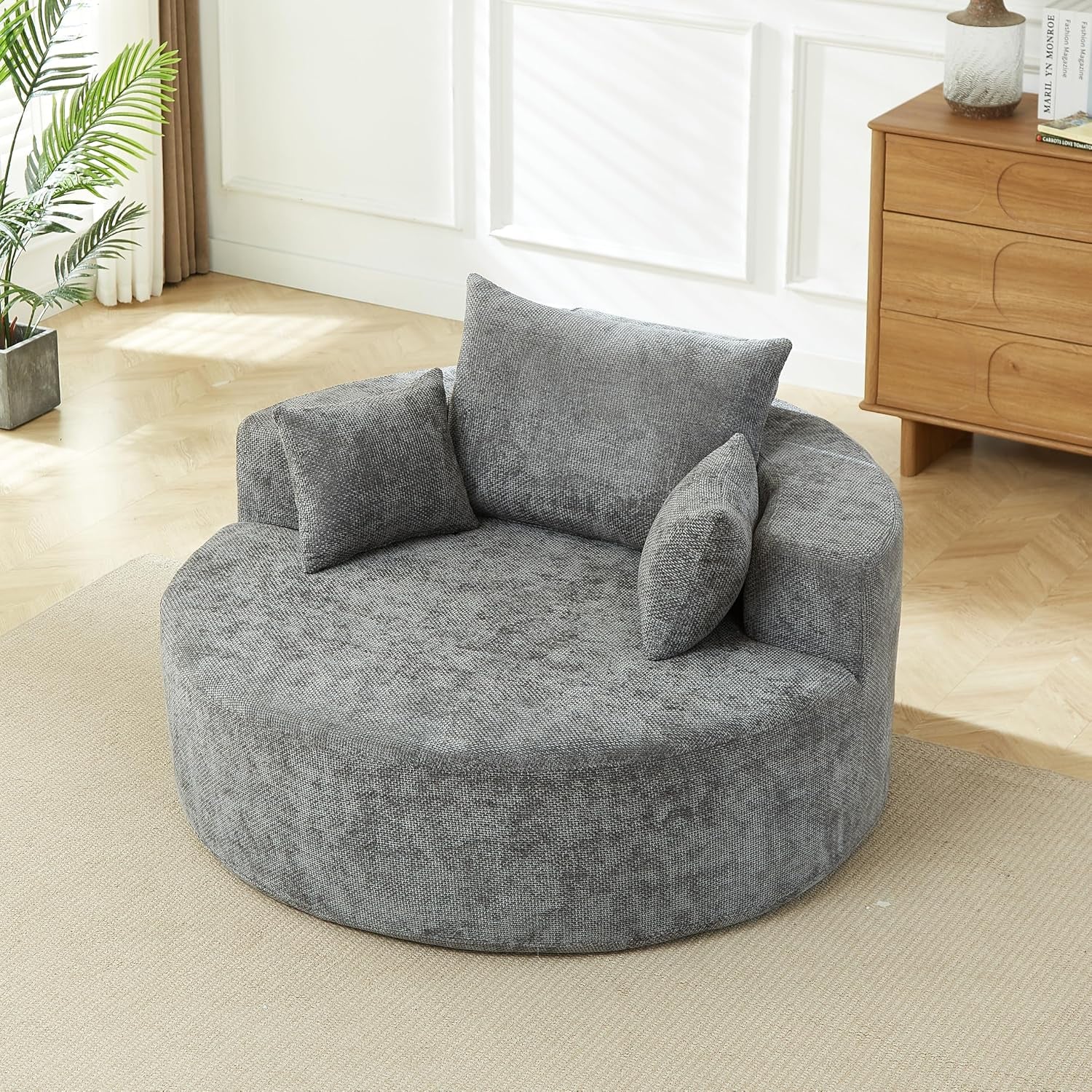 55-Inch Oversized Compressed Foam Cloud Chair round Boneless Sofa Chair with Headrest, Comfy Chenille Upholstered Armchair Lounge Chaise for Living Room Bedroom, No Assembly