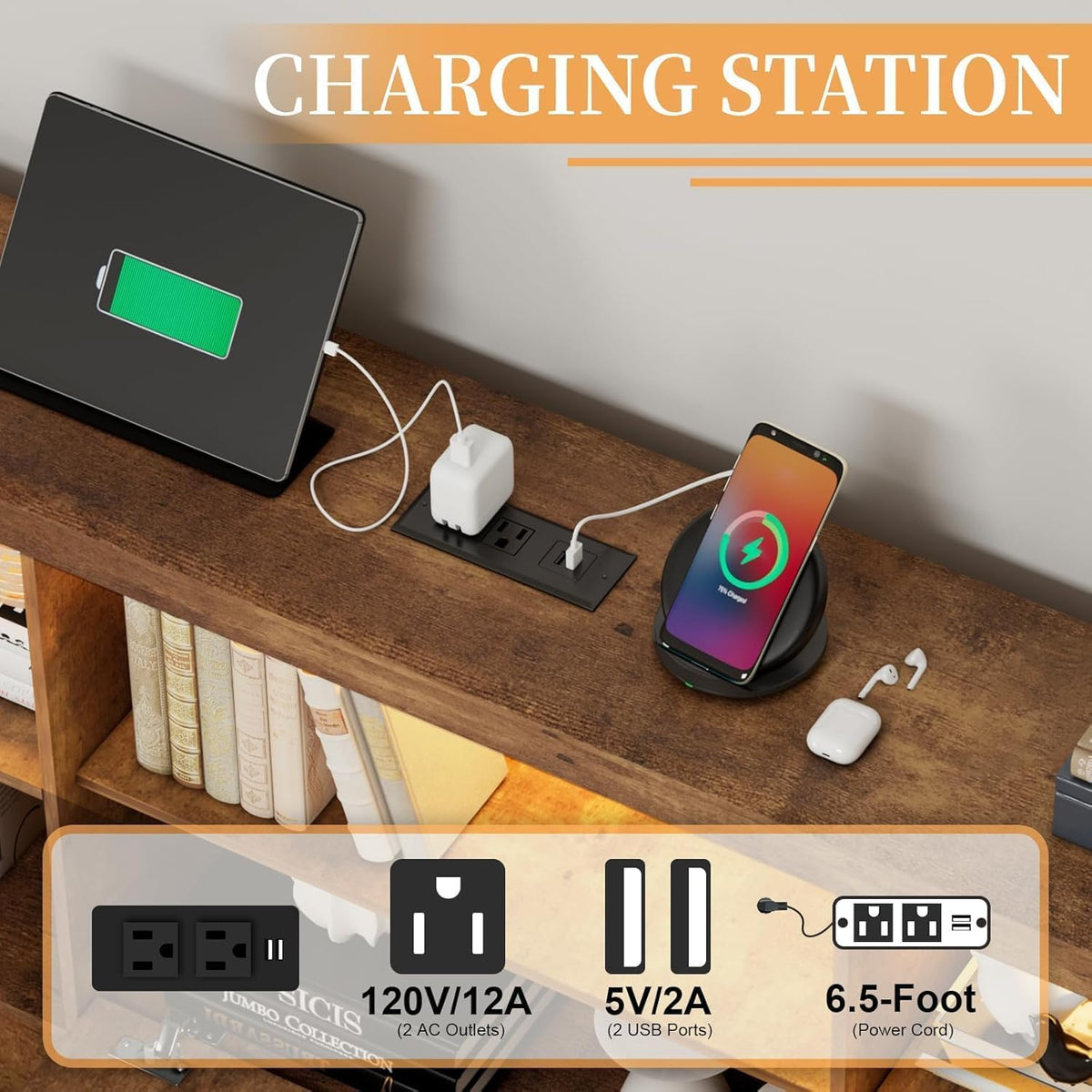 Headboard shelf close-up on brown finish showing built-in charging station with two AC outlets and two USB ports and devices.