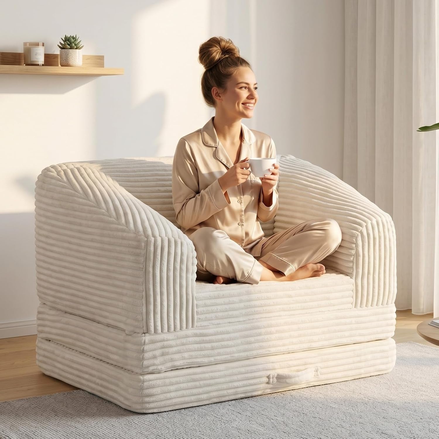 Beige corduroy single sofa shown with a person seated, angled front view in a bright living room