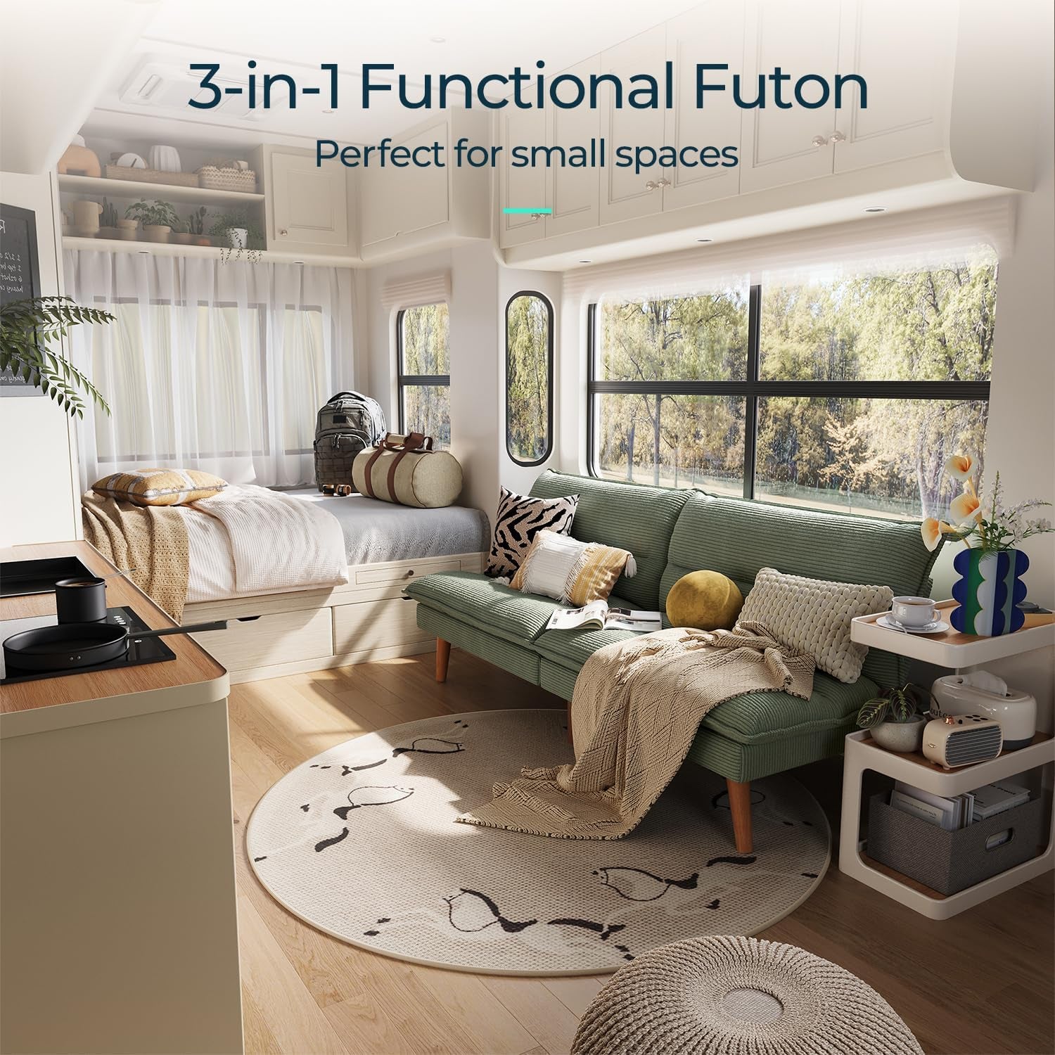 Green corduroy futon sofa placed in a bright RV-style living area beside a bed and round rug.