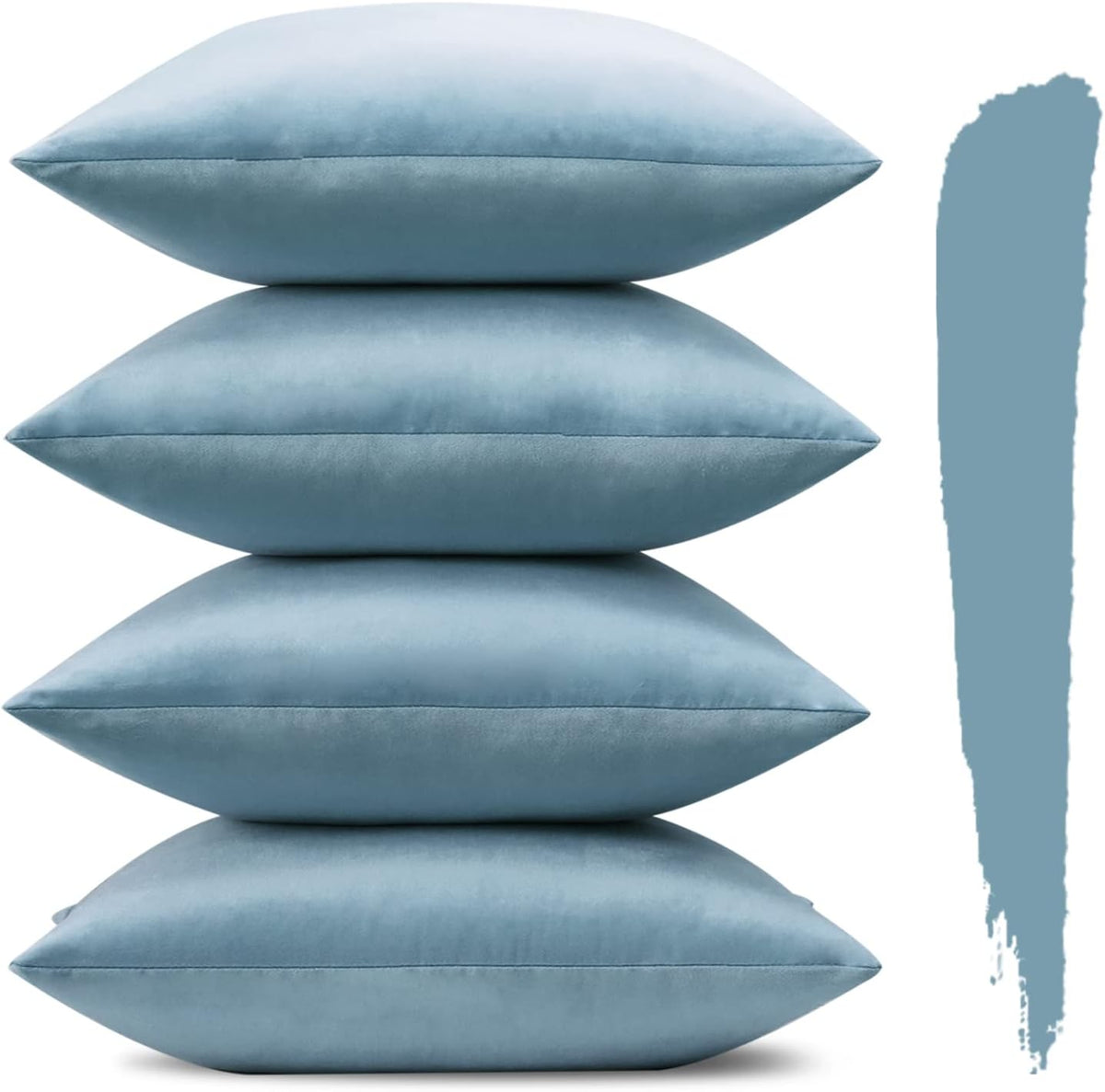 Four light blue velvet pillow covers stacked horizontally with a vertical paint-like color swatch to the right