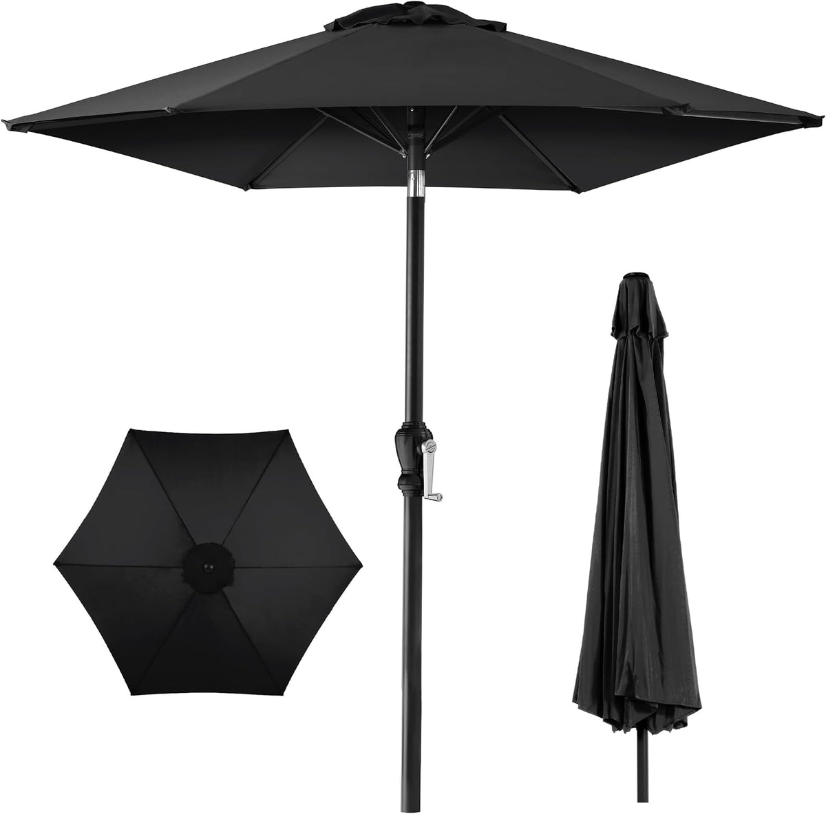 Front view of a black 10 ft market umbrella open, with top, pole, crank and a closed umbrella beside it.