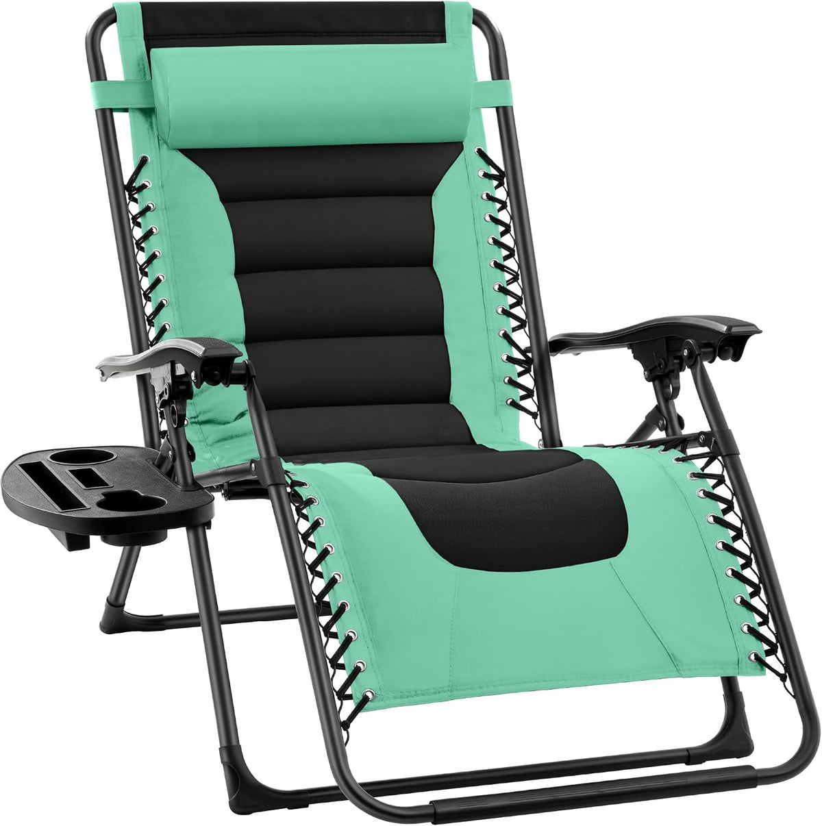 Teal and black padded recliner front view with cup tray and contoured lumbar area