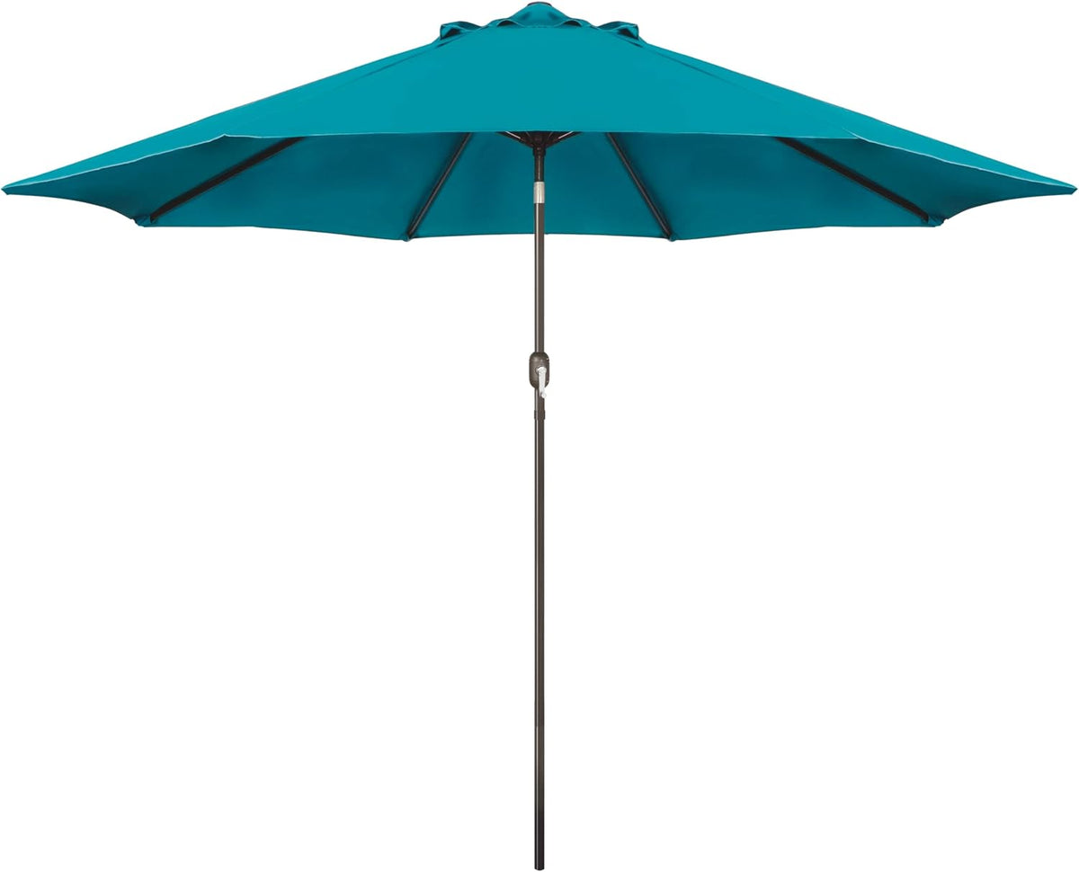 Front view of a teal patio umbrella open with visible ribs and a brown central pole and crank.