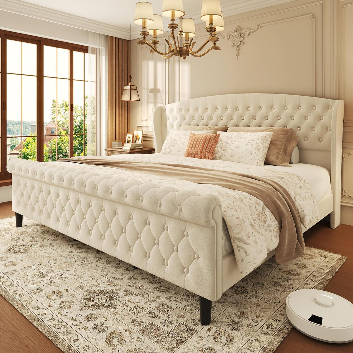 Full room view of a light beige tufted sleigh bed with wingback headboard by a large window and rug.